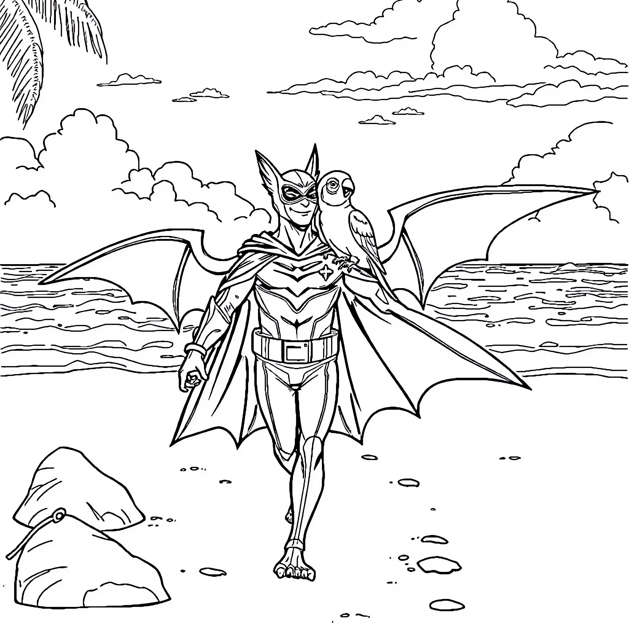 Batsman in Superhero Costume Flies Over Tropical Beach Coloring Page (free black-and-white line drawing printable PDF for all, from beginners to advanced learners, including children, teens, adults, and seniors)