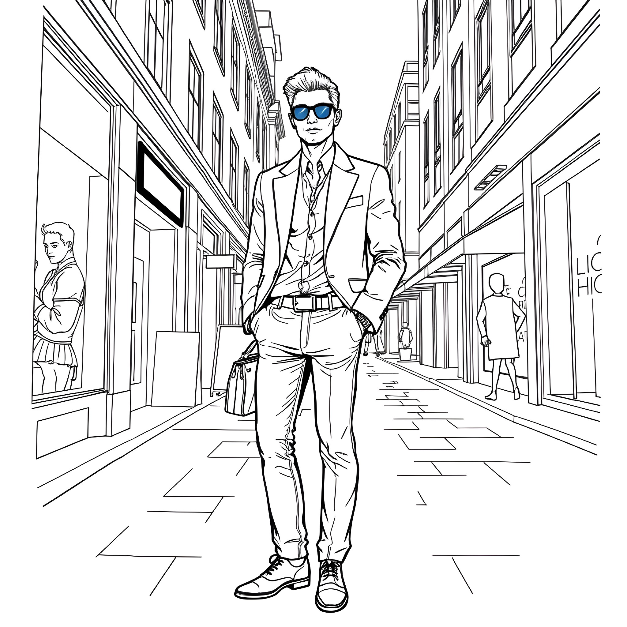 Man in suit walking down the city street Coloring Page (free black-and-white line drawing printable PDF for all, from beginners to advanced learners, including children, teens, adults, and seniors)