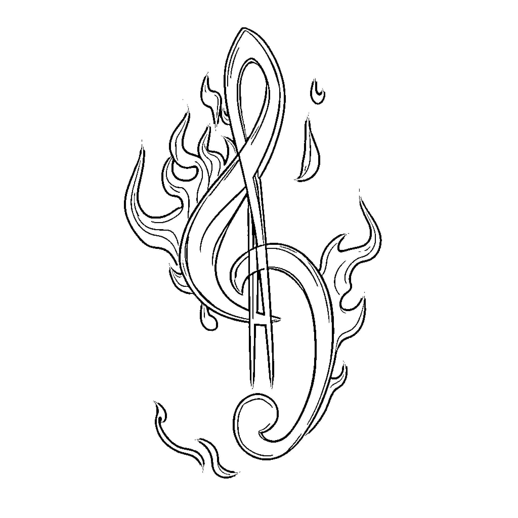 Bass Clef with Fiery Musical Swirls Coloring Page (free black-and-white line drawing printable PDF for all, from beginners to advanced learners, including children, teens, adults, and seniors)
