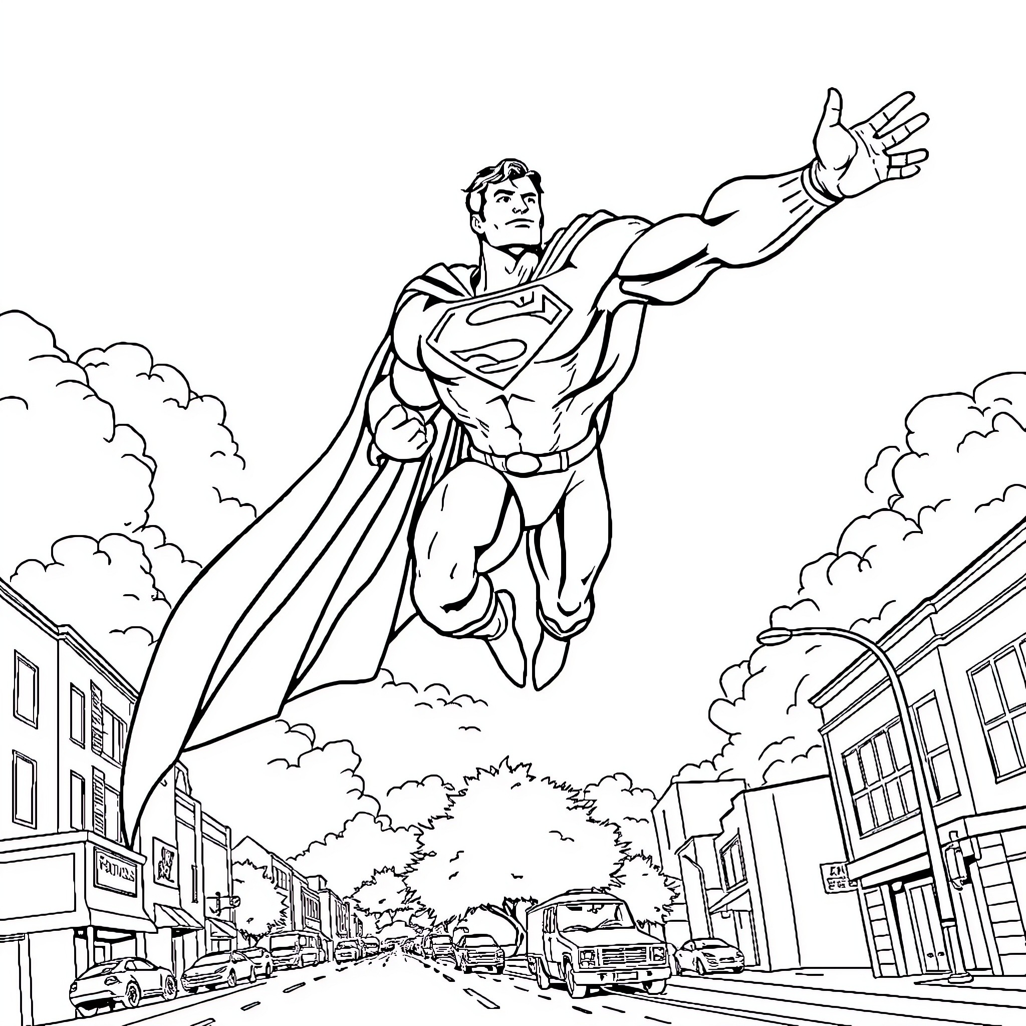 Superman soaring over the city skyline Coloring Page (free black-and-white line drawing printable PDF for all, from beginners to advanced learners, including children, teens, adults, and seniors)