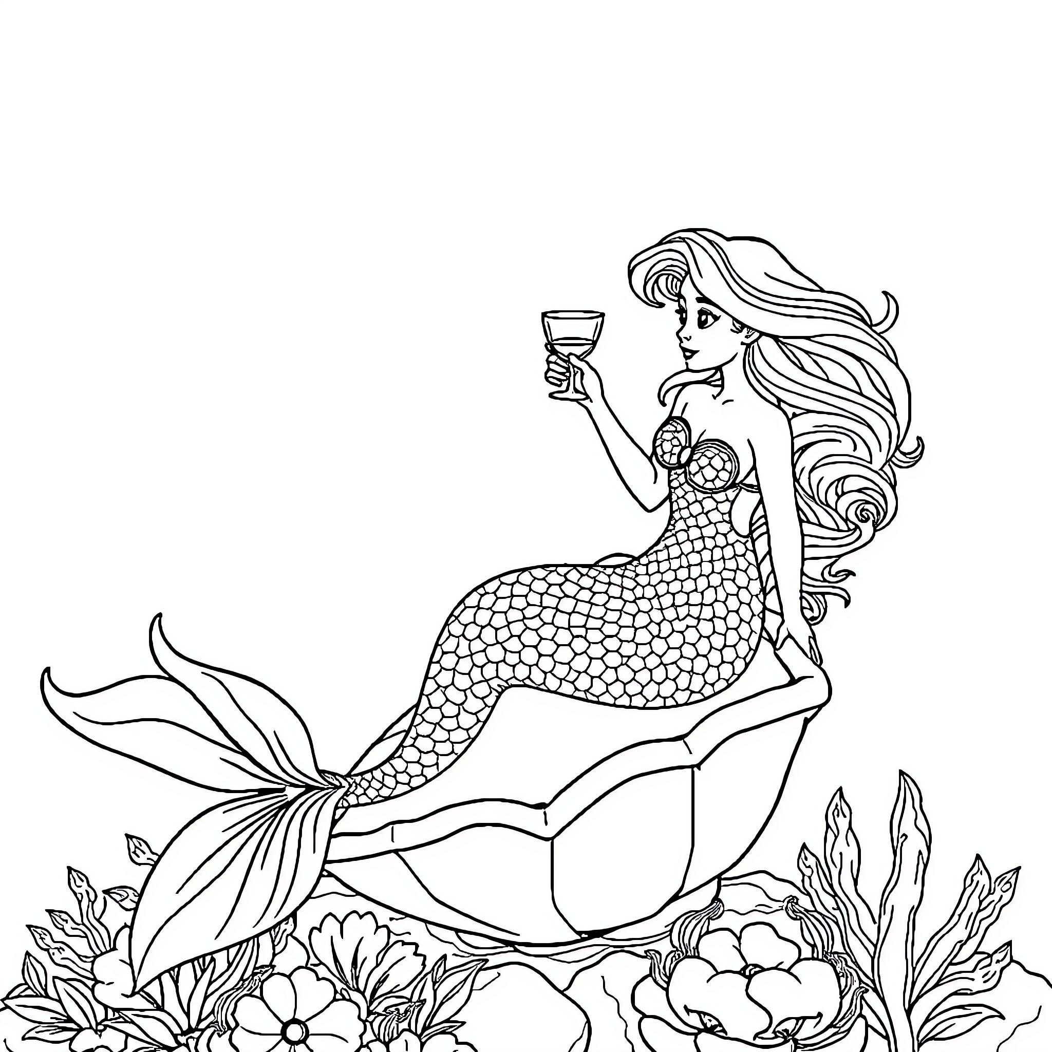 Mermaid Enjoying a Drink in the Underwater Garden Coloring Page (free black-and-white line drawing printable PDF for all, from beginners to advanced learners, including children, teens, adults, and seniors)