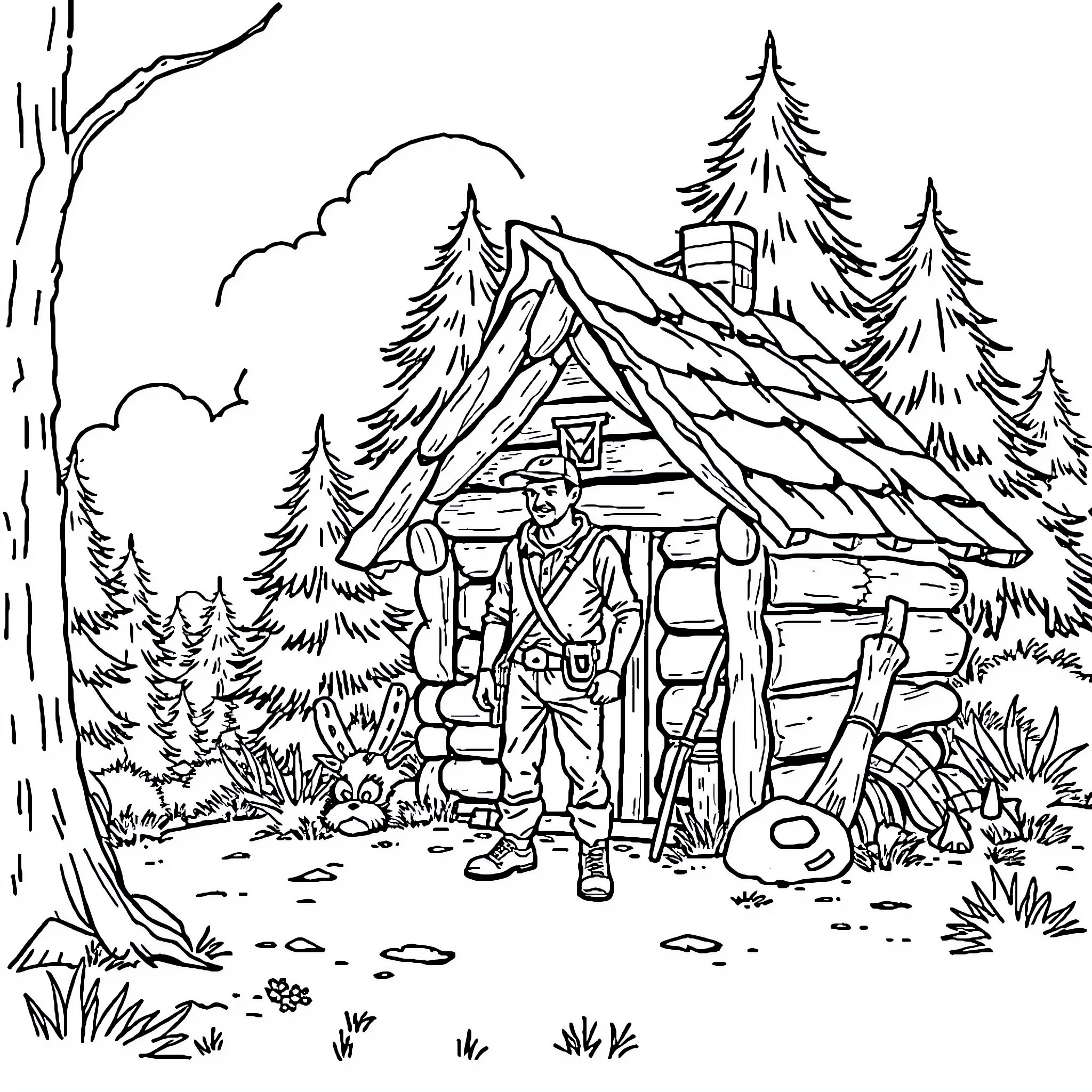 Bushcraft Man exploring rustic cabin in the woods Coloring Page (free black-and-white line drawing printable PDF for all, from beginners to advanced learners, including children, teens, adults, and seniors)