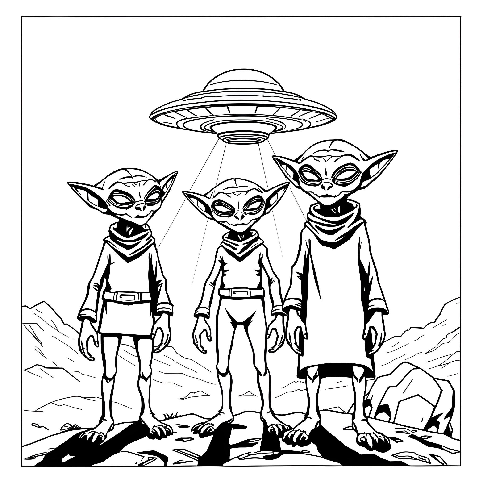 Alien Creatures Encounter a UFO in the Wilderness Coloring Page (free black-and-white line drawing printable PDF for all, from beginners to advanced learners, including children, teens, adults, and seniors)