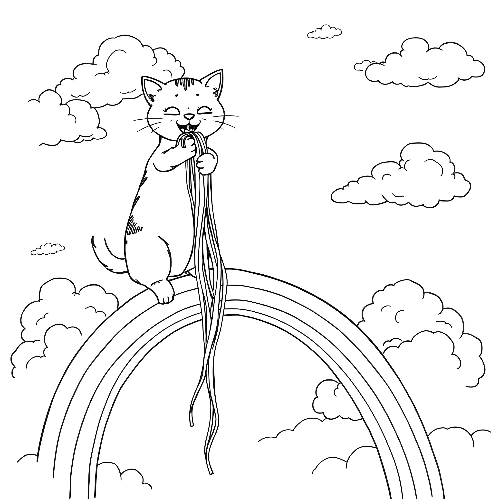 Cat playing with yarn on a rainbow Coloring Page (free black-and-white line drawing printable PDF for all, from beginners to advanced learners, including children, teens, adults, and seniors)