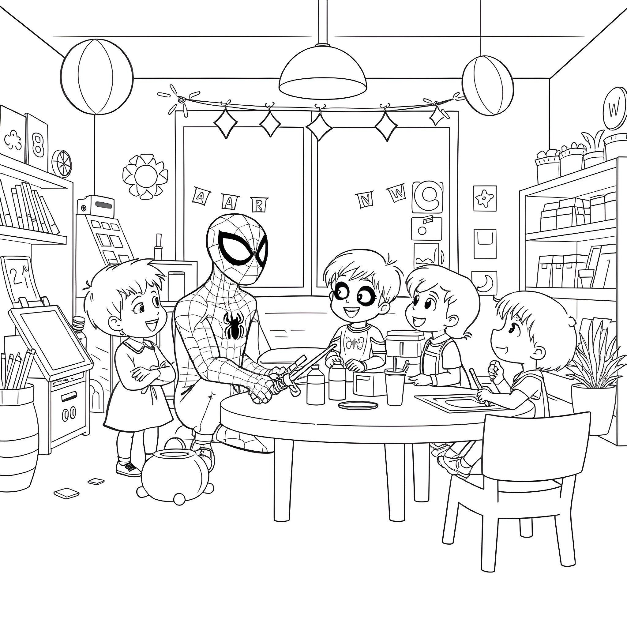 Spiderman playing with children in a cozy classroom Coloring Page (free black-and-white line drawing printable PDF for all, from beginners to advanced learners, including children, teens, adults, and seniors)