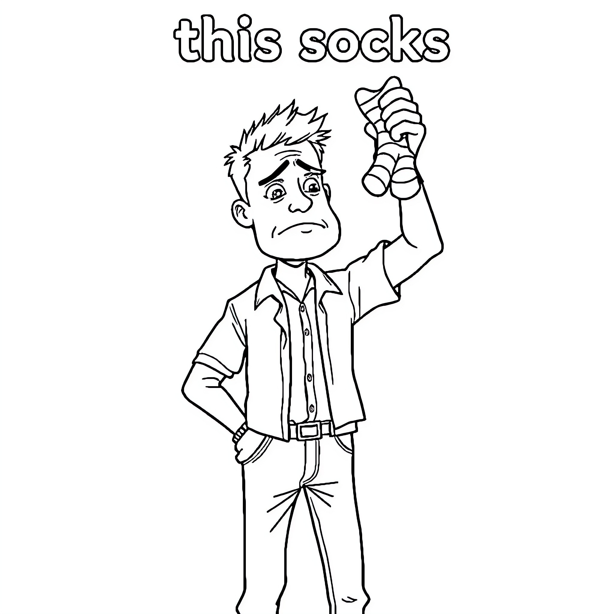 Man expressing frustration with his socks Coloring Page (free black-and-white line drawing printable PDF for all, from beginners to advanced learners, including children, teens, adults, and seniors)