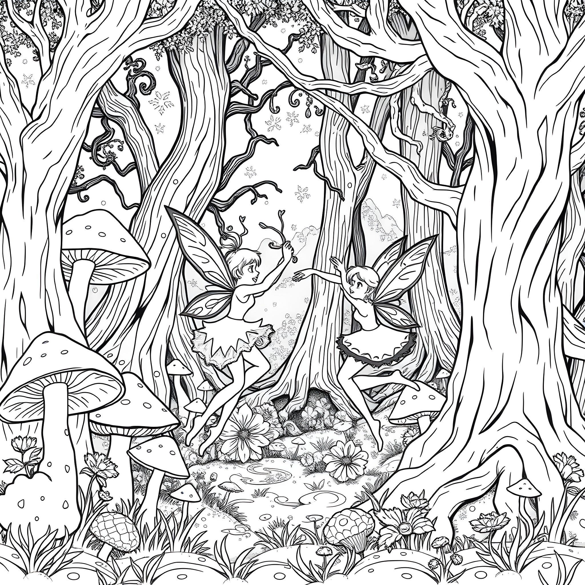 Fairy creatures in enchanted woodland Coloring Page (free black-and-white line drawing printable PDF for all, from beginners to advanced learners, including children, teens, adults, and seniors)