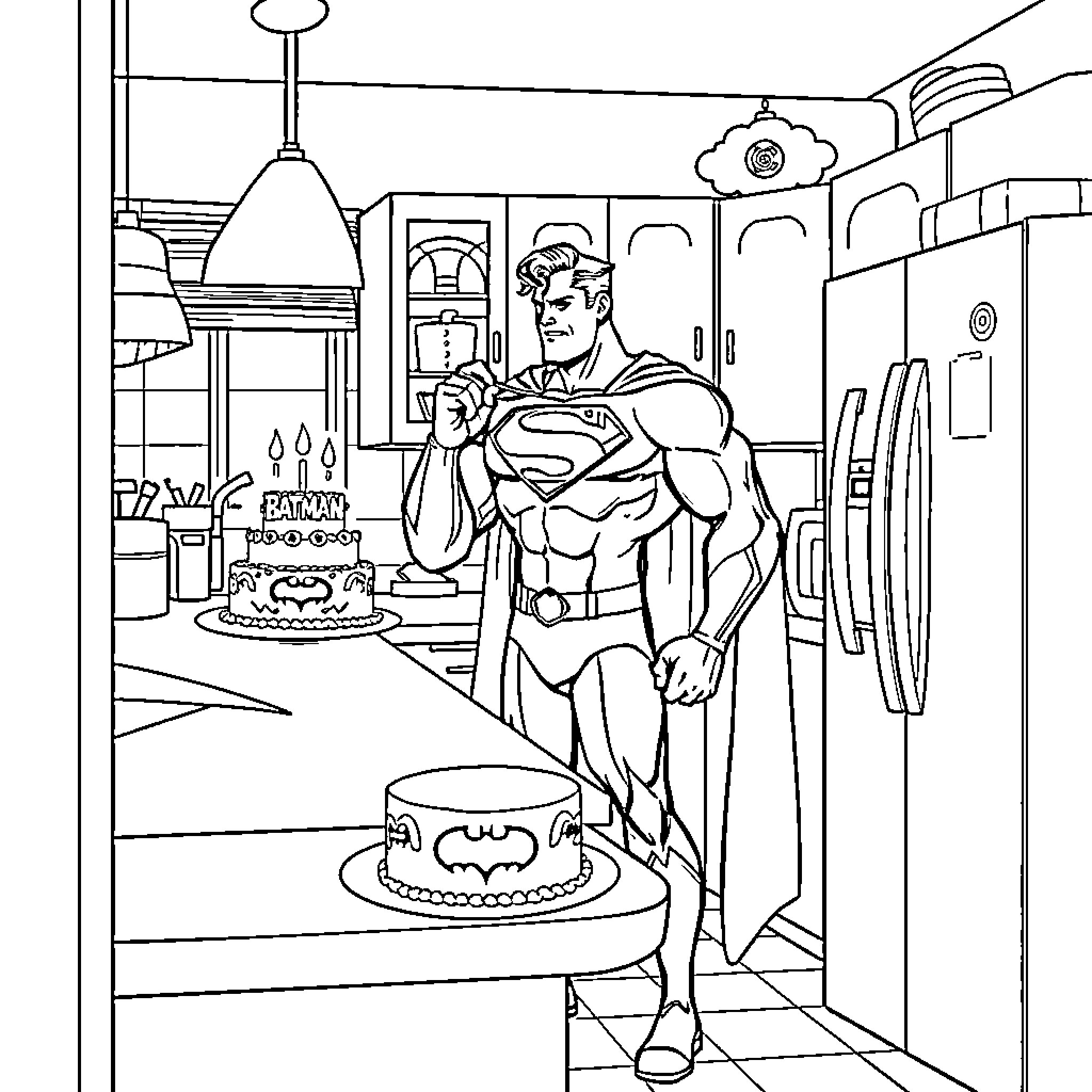 Superman in Heroic Pose Beside Birthday Cakes Coloring Page (free black-and-white line drawing printable PDF for all, from beginners to advanced learners, including children, teens, adults, and seniors)