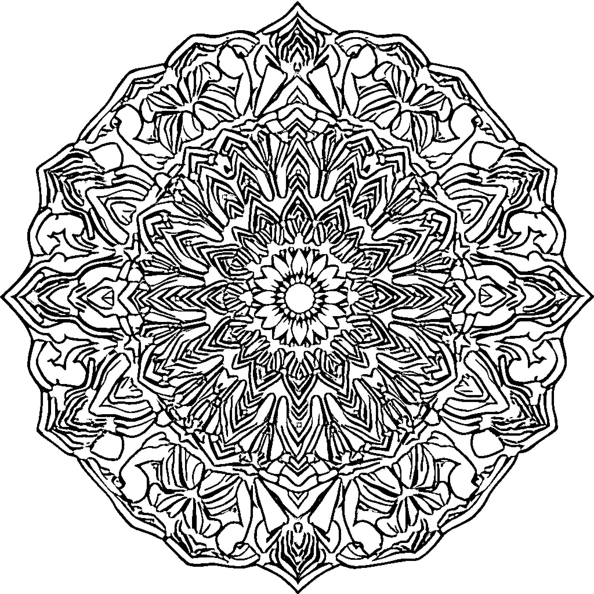 Mandala with intricate floral pattern Coloring Page (free black-and-white line drawing printable PDF for all, from beginners to advanced learners, including children, teens, adults, and seniors)