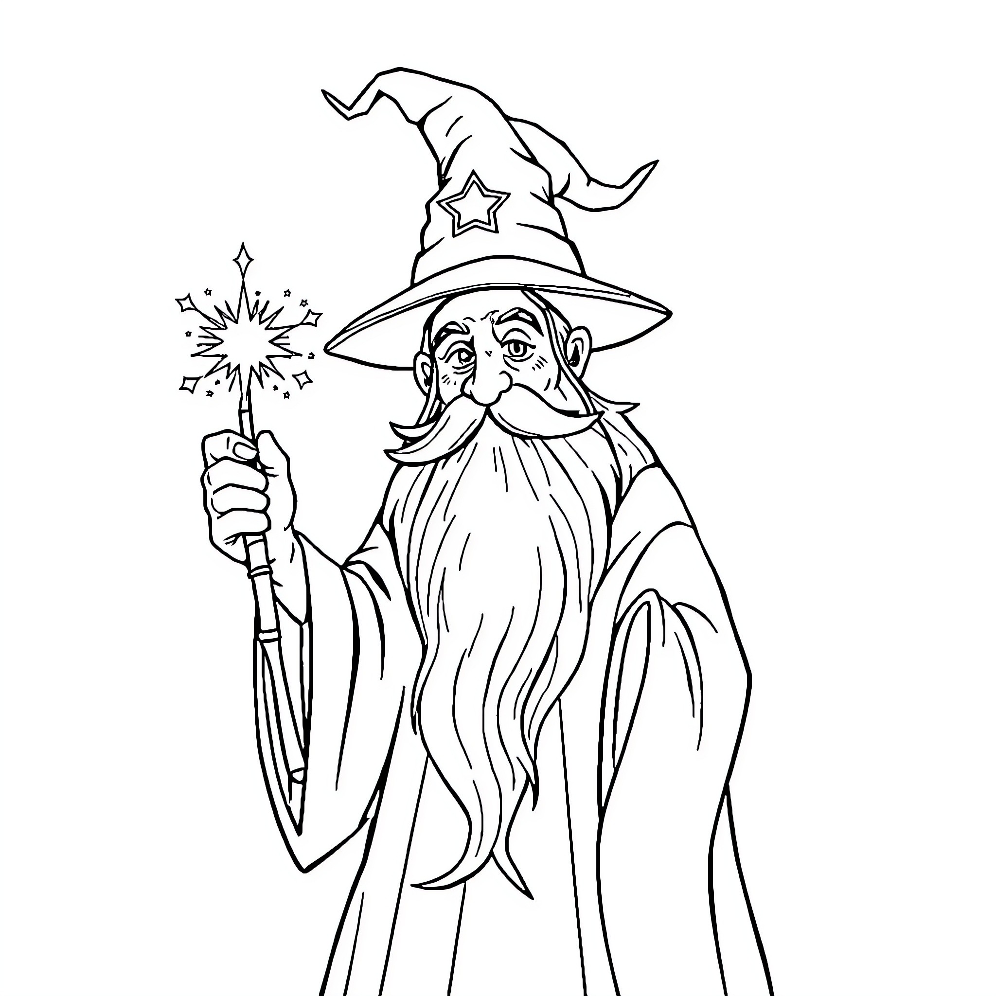 Wizard casting a magical spell with wand Coloring Page (free black-and-white line drawing printable PDF for all, from beginners to advanced learners, including children, teens, adults, and seniors)
