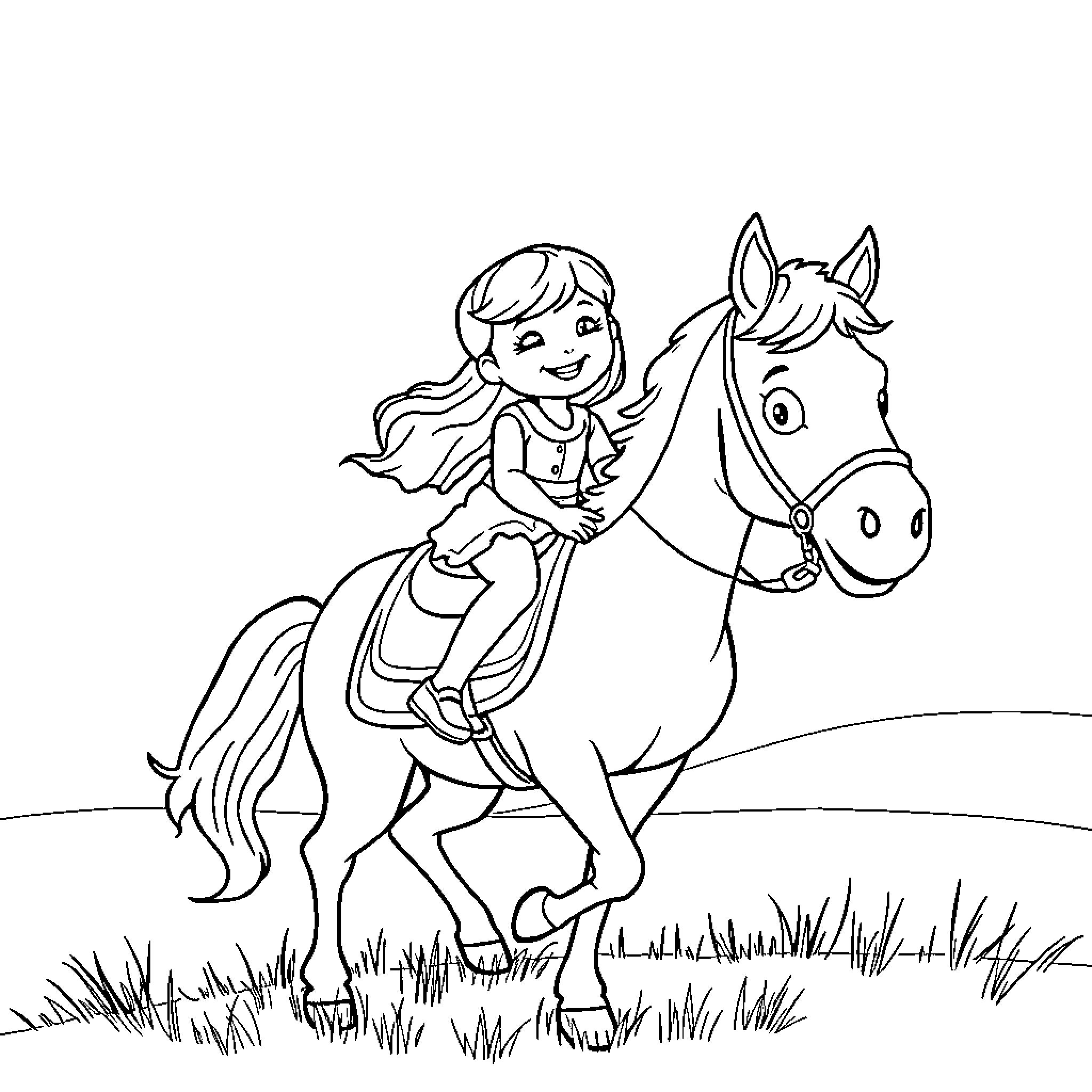 Girl riding a horse in the field Coloring Page (free black-and-white line drawing printable PDF for all, from beginners to advanced learners, including children, teens, adults, and seniors)