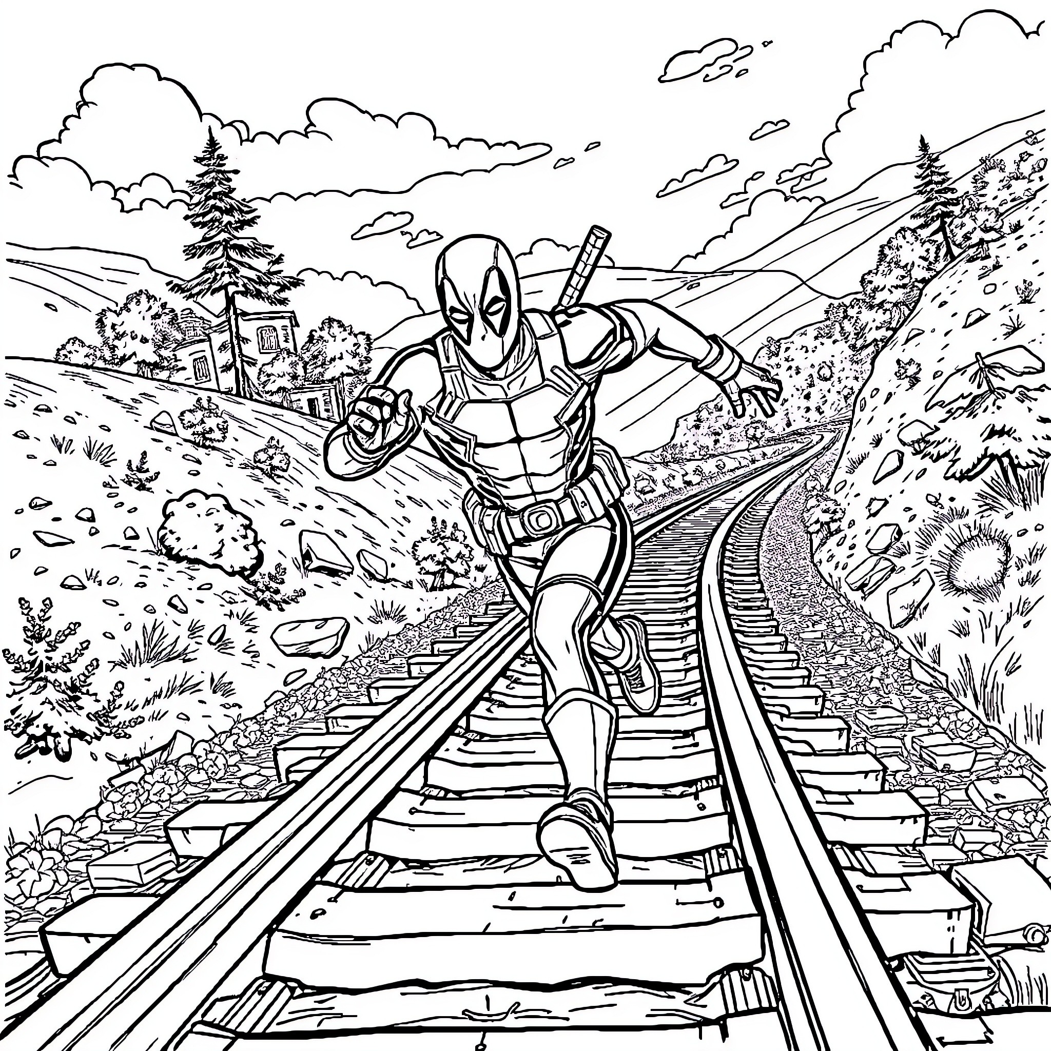 Deadpool running on the railroad tracks Coloring Page (free black-and-white line drawing printable PDF for all, from beginners to advanced learners, including children, teens, adults, and seniors)