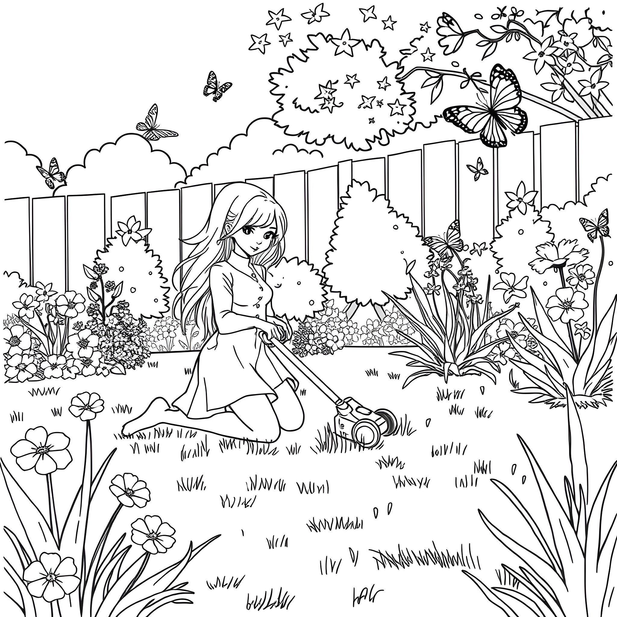 Omni Mam Relaxing in Floral Garden Coloring Page (free black-and-white line drawing printable PDF for all, from beginners to advanced learners, including children, teens, adults, and seniors)
