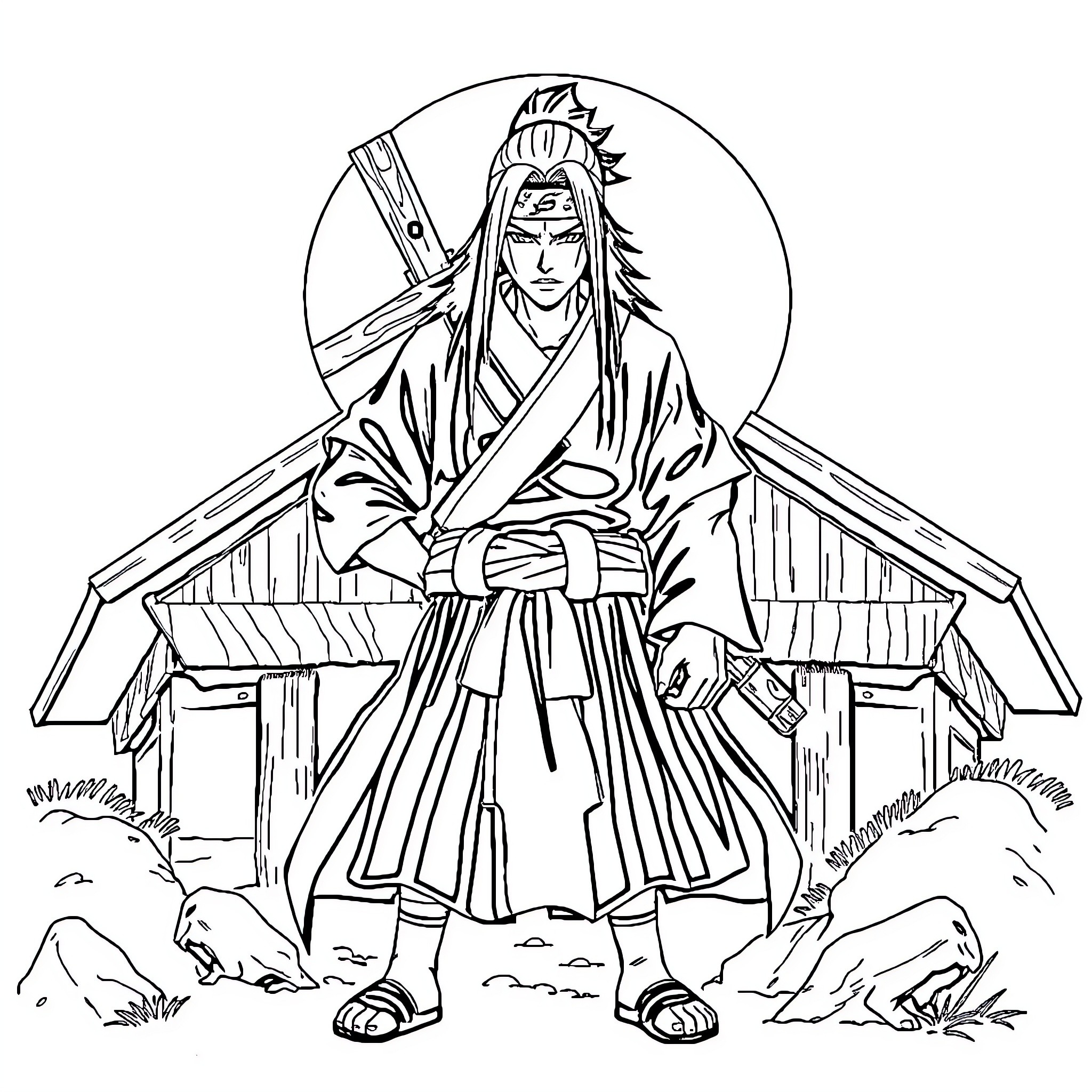 Hashirama standing among traditional Japanese buildings Coloring Page (free black-and-white line drawing printable PDF for all, from beginners to advanced learners, including children, teens, adults, and seniors)
