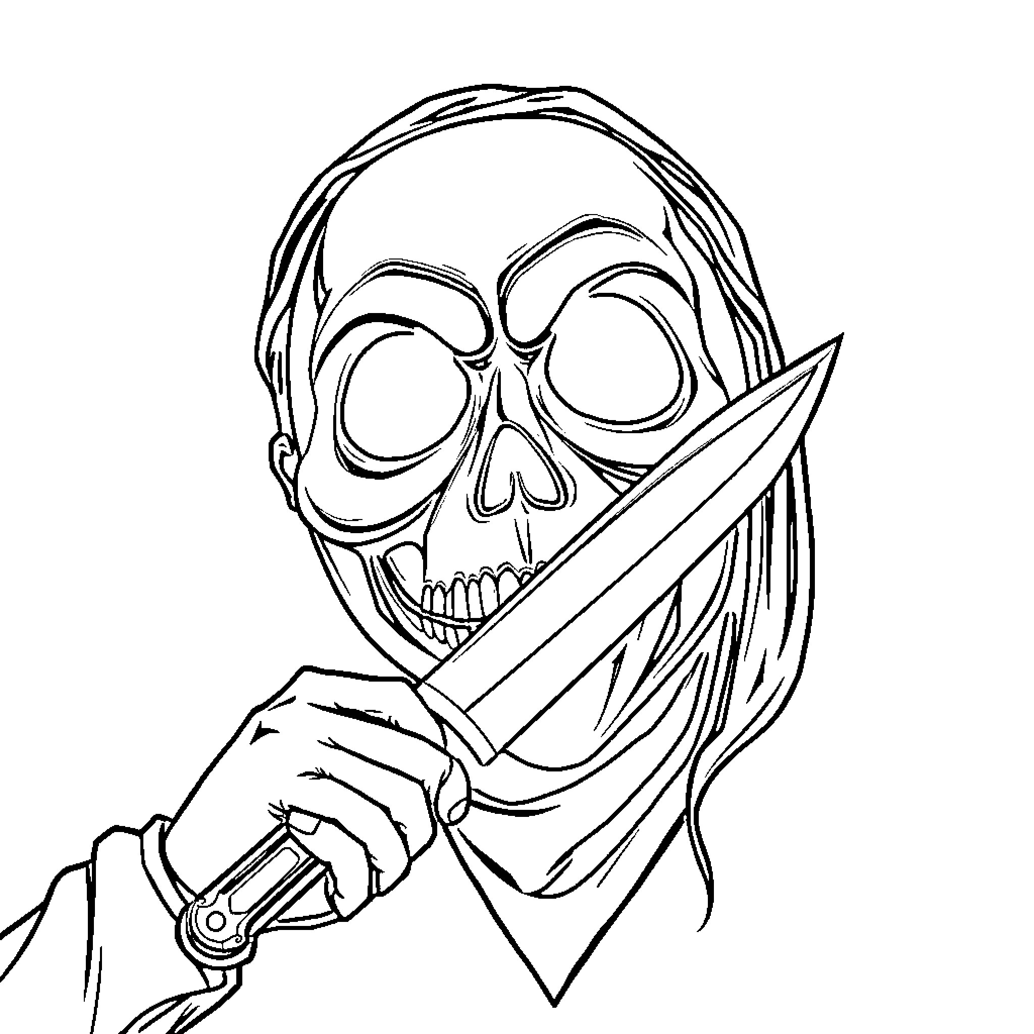 Halloween Mask of Menacing Skull with Knife Coloring Page (free black-and-white line drawing printable PDF for all, from beginners to advanced learners, including children, teens, adults, and seniors)