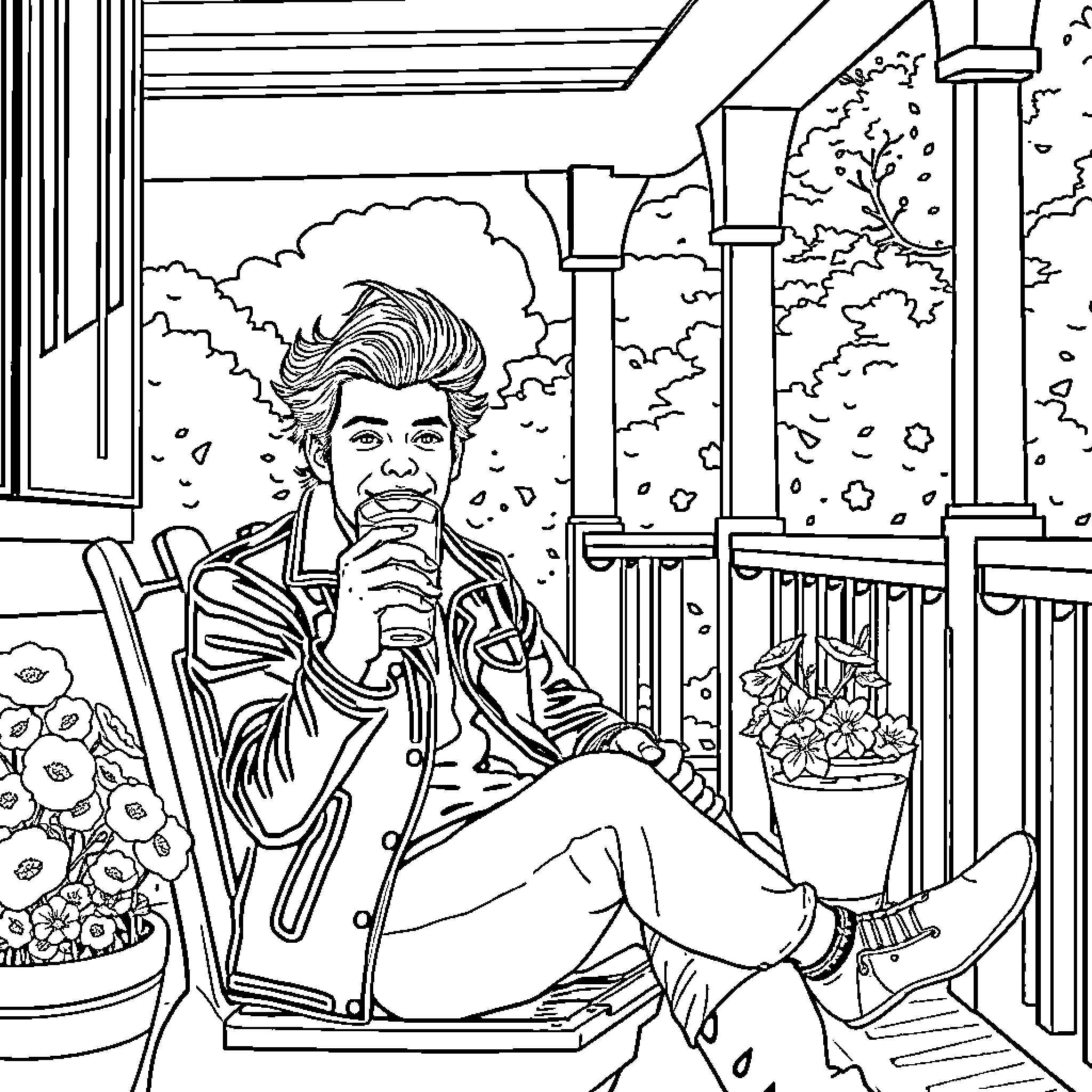 Harry Styles enjoying a casual moment on the porch Coloring Page (free black-and-white line drawing printable PDF for all, from beginners to advanced learners, including children, teens, adults, and seniors)