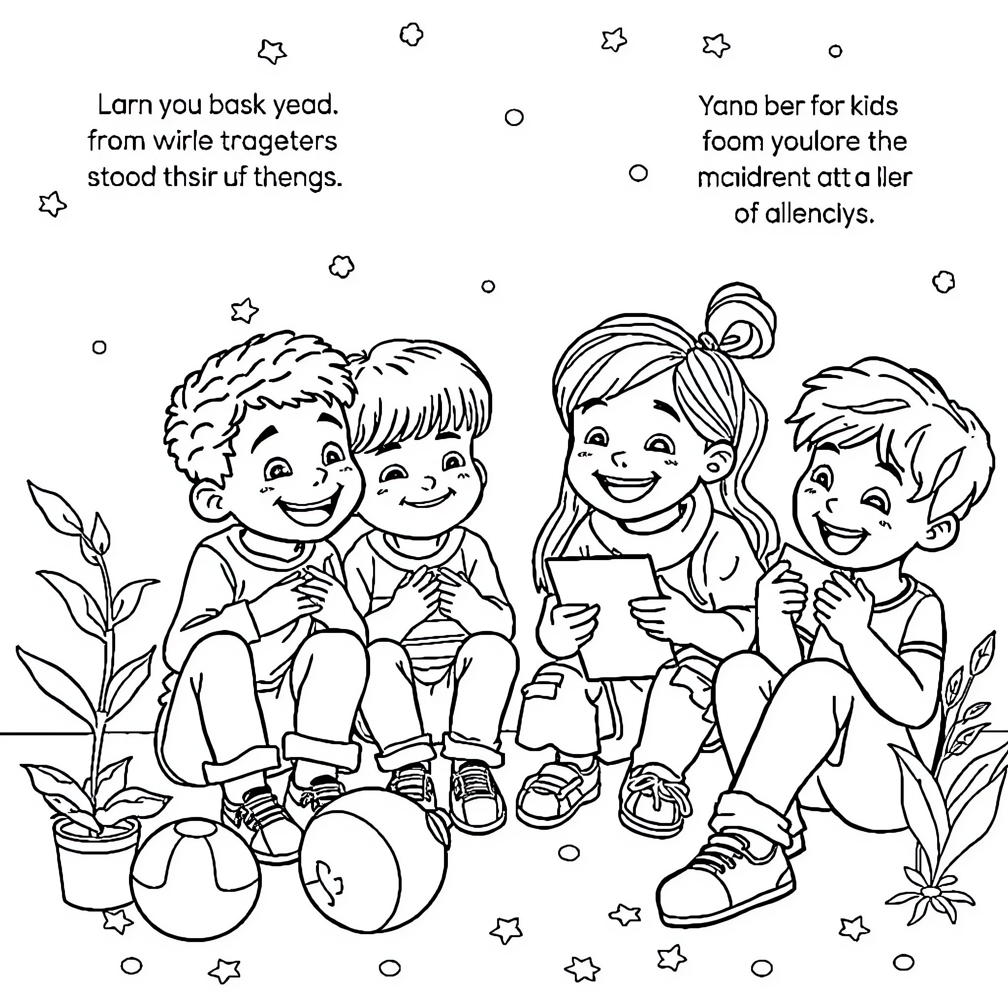 Kids sharing learning experiences together Coloring Page (free black-and-white line drawing printable PDF for all, from beginners to advanced learners, including children, teens, adults, and seniors)
