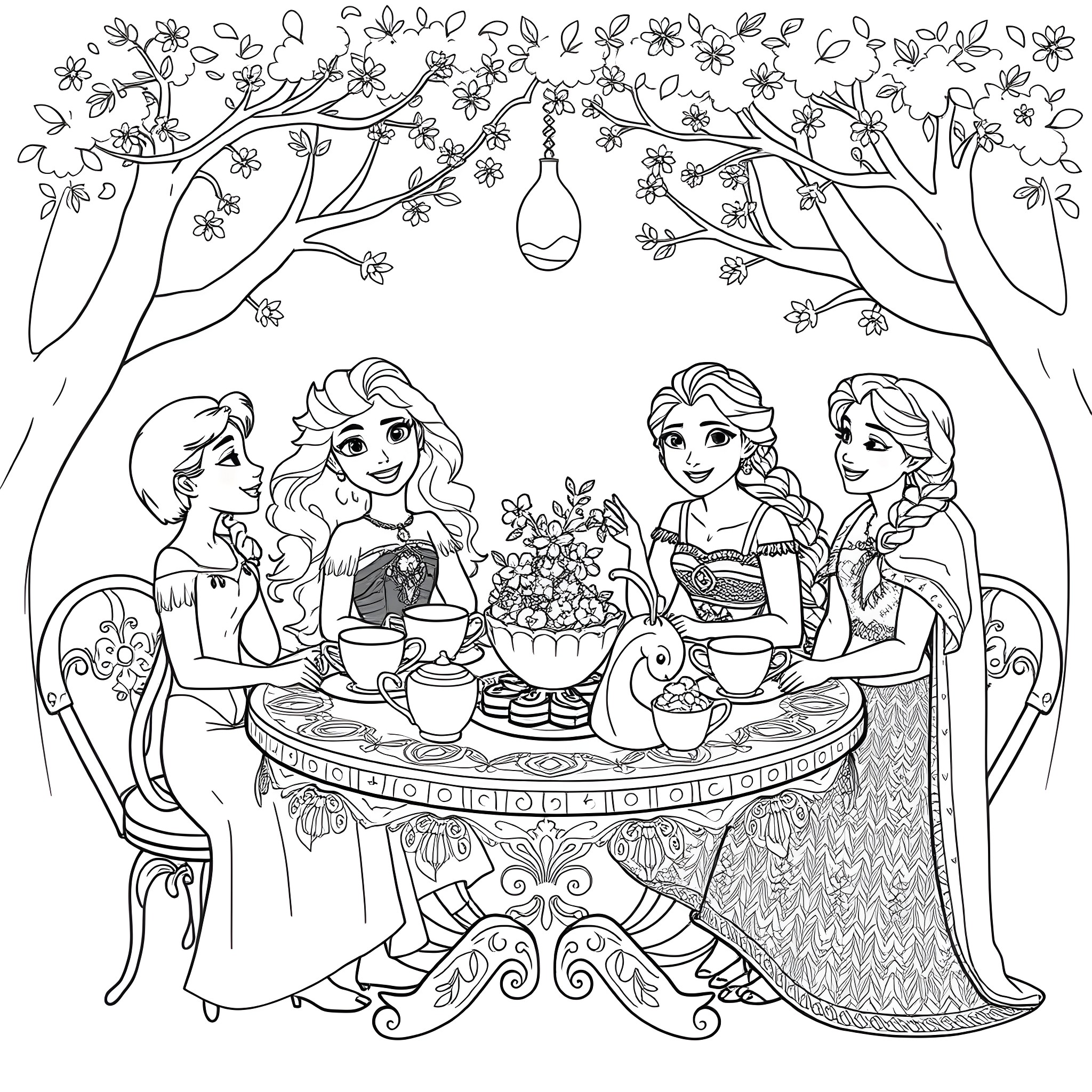 Princess and friends having a tea party in the garden Coloring Page (free black-and-white line drawing printable PDF for all, from beginners to advanced learners, including children, teens, adults, and seniors)