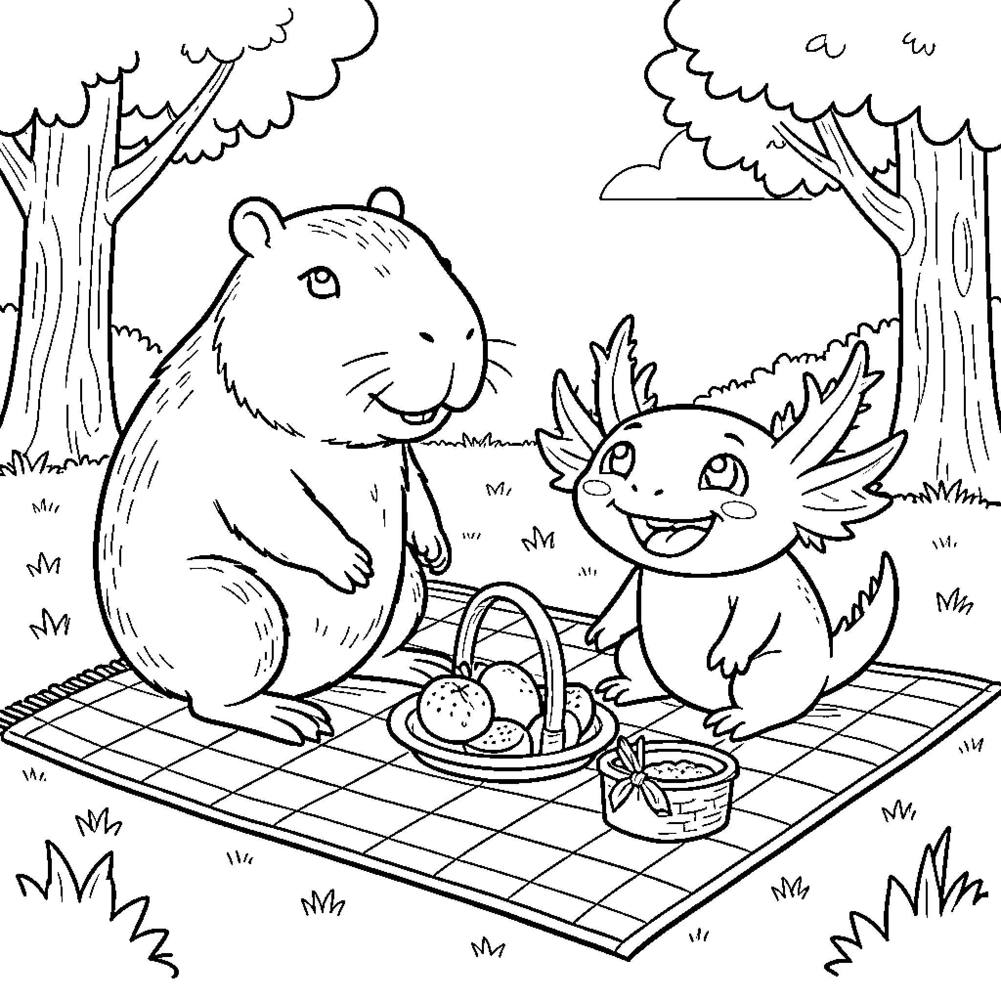Capybara and axolotl enjoying a picnic outdoors Coloring Page (free black-and-white line drawing printable PDF for all, from beginners to advanced learners, including children, teens, adults, and seniors)