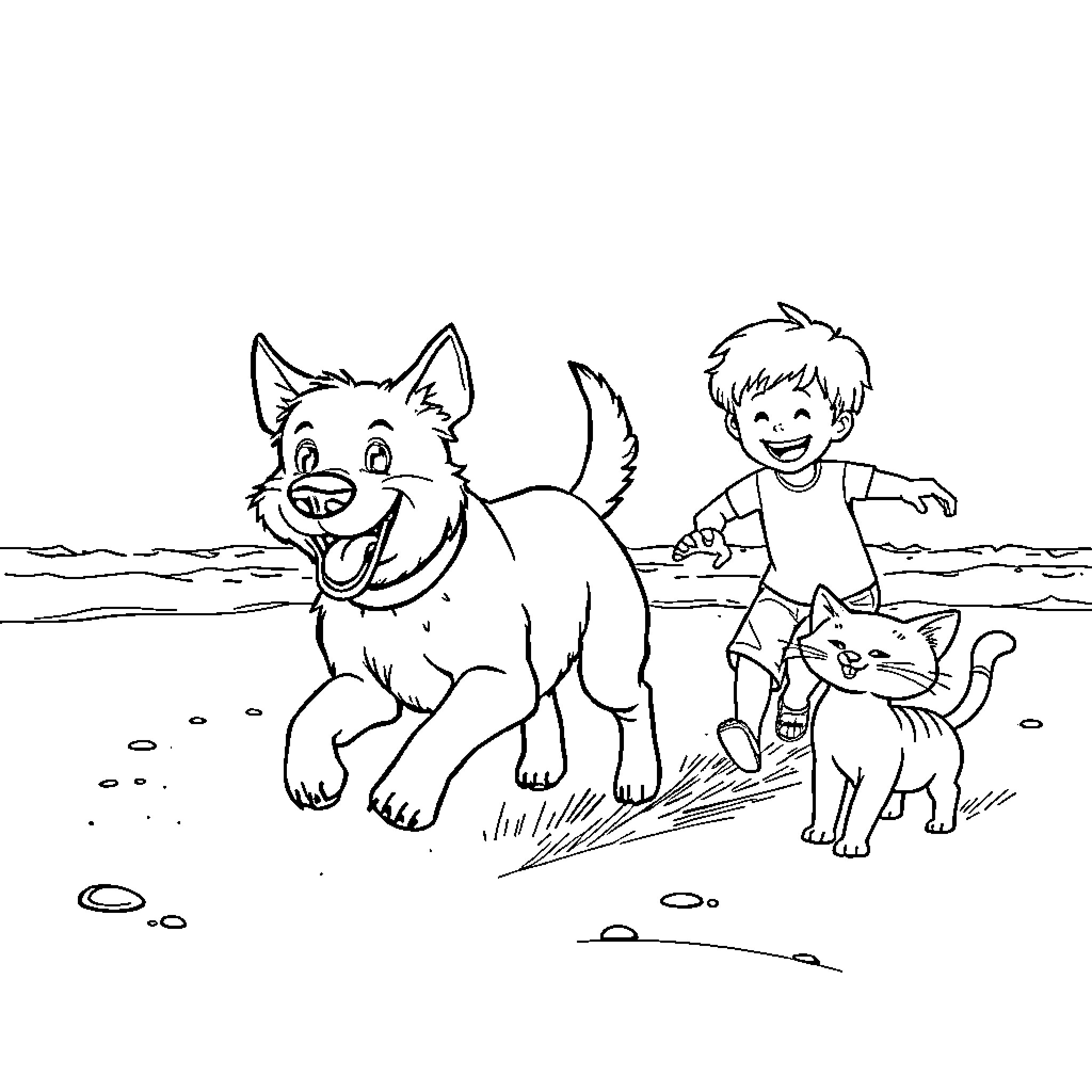 Dog and boy playing happily on the beach Coloring Page (free black-and-white line drawing printable PDF for all, from beginners to advanced learners, including children, teens, adults, and seniors)