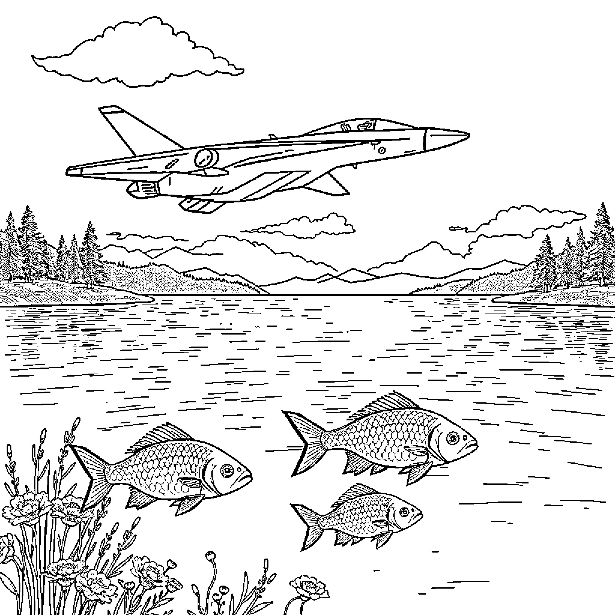 Jet Fighter soaring above a peaceful lake with fish Coloring Page (free black-and-white line drawing printable PDF for all, from beginners to advanced learners, including children, teens, adults, and seniors)