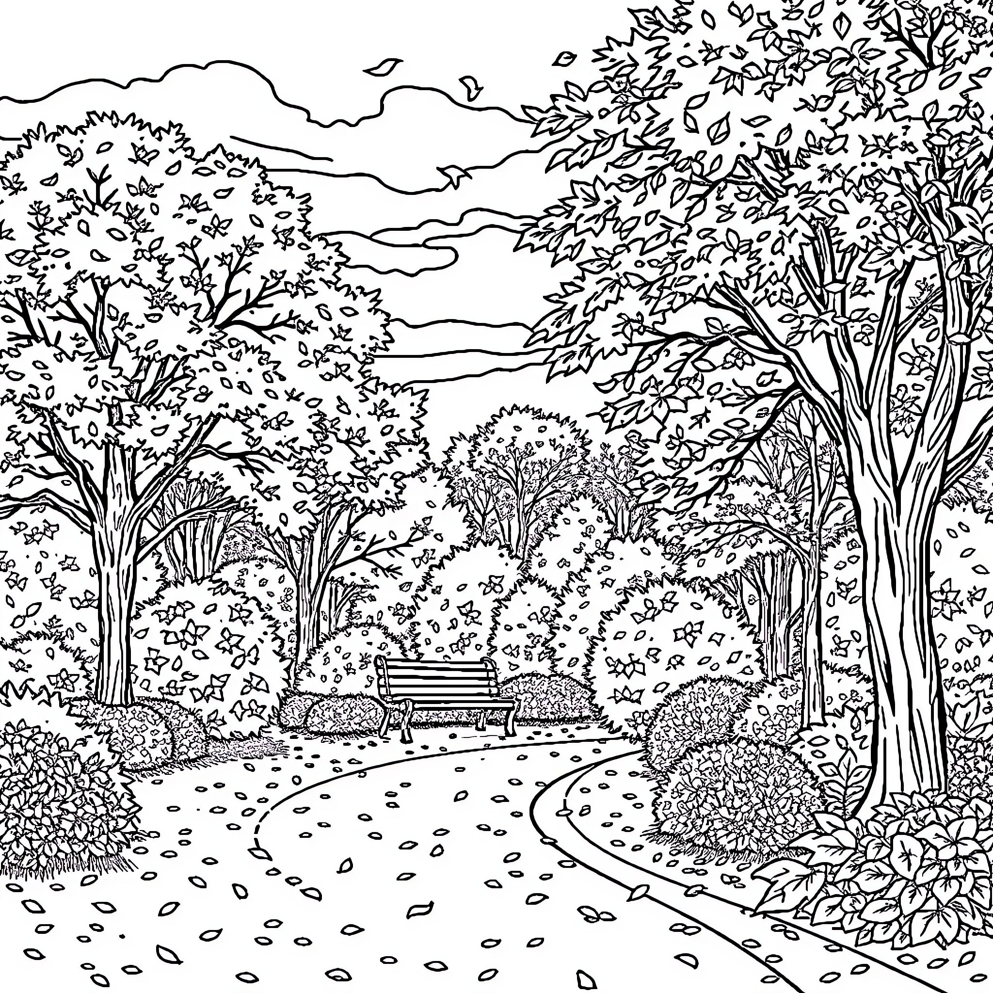 Fall Foliage Scenery in Tranquil Park Coloring Page (free black-and-white line drawing printable PDF for all, from beginners to advanced learners, including children, teens, adults, and seniors)