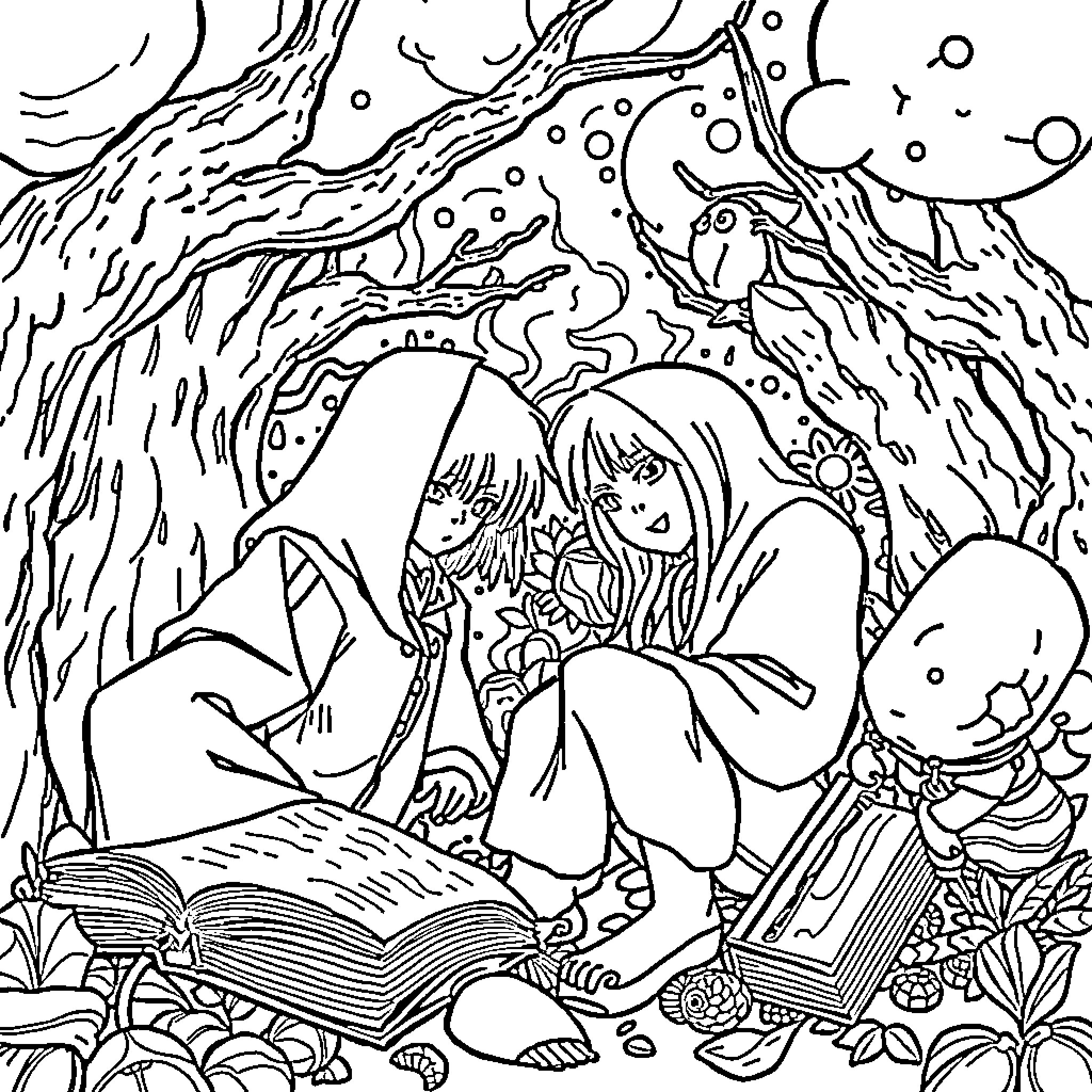 Manga characters reading books in a mystical forest Coloring Page (free black-and-white line drawing printable PDF for all, from beginners to advanced learners, including children, teens, adults, and seniors)