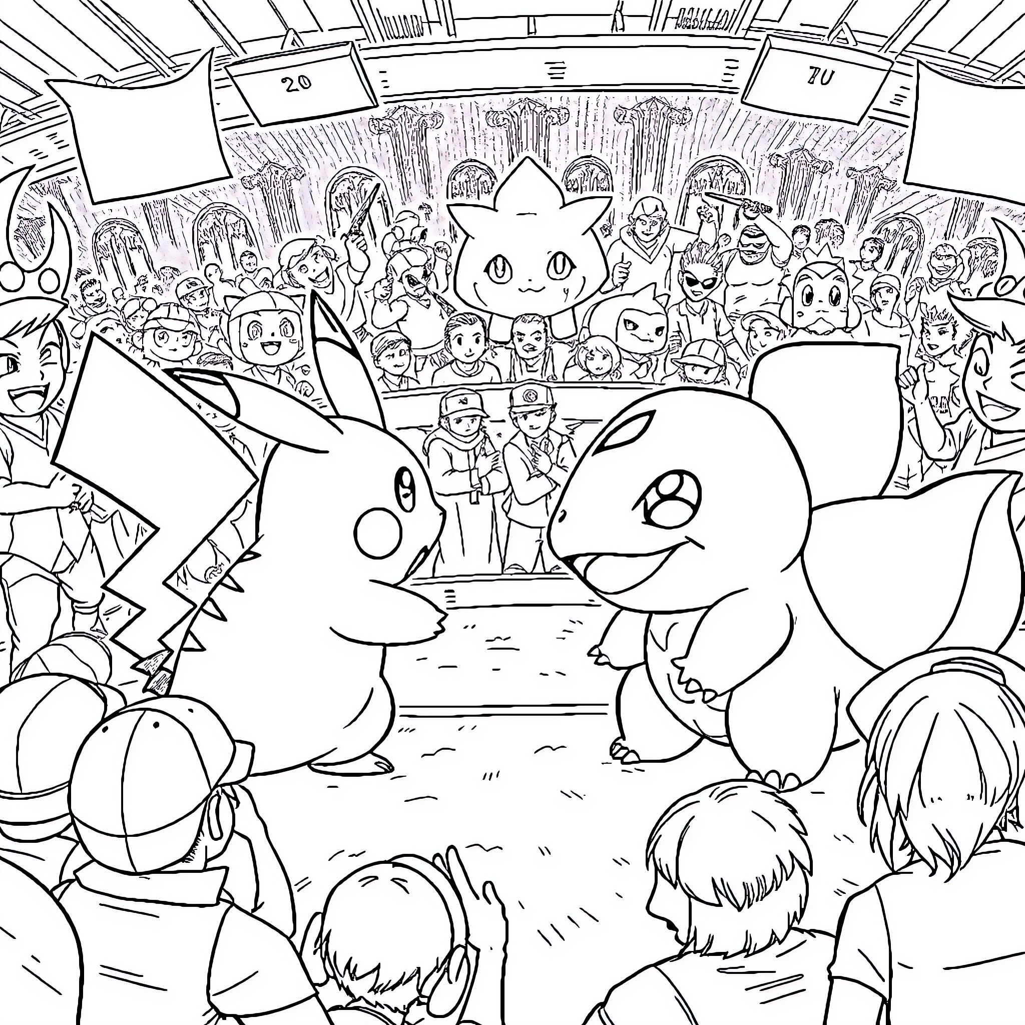 Pikachu and Friends Battling in a Crowded Stadium Coloring Page (free black-and-white line drawing printable PDF for all, from beginners to advanced learners, including children, teens, adults, and seniors)