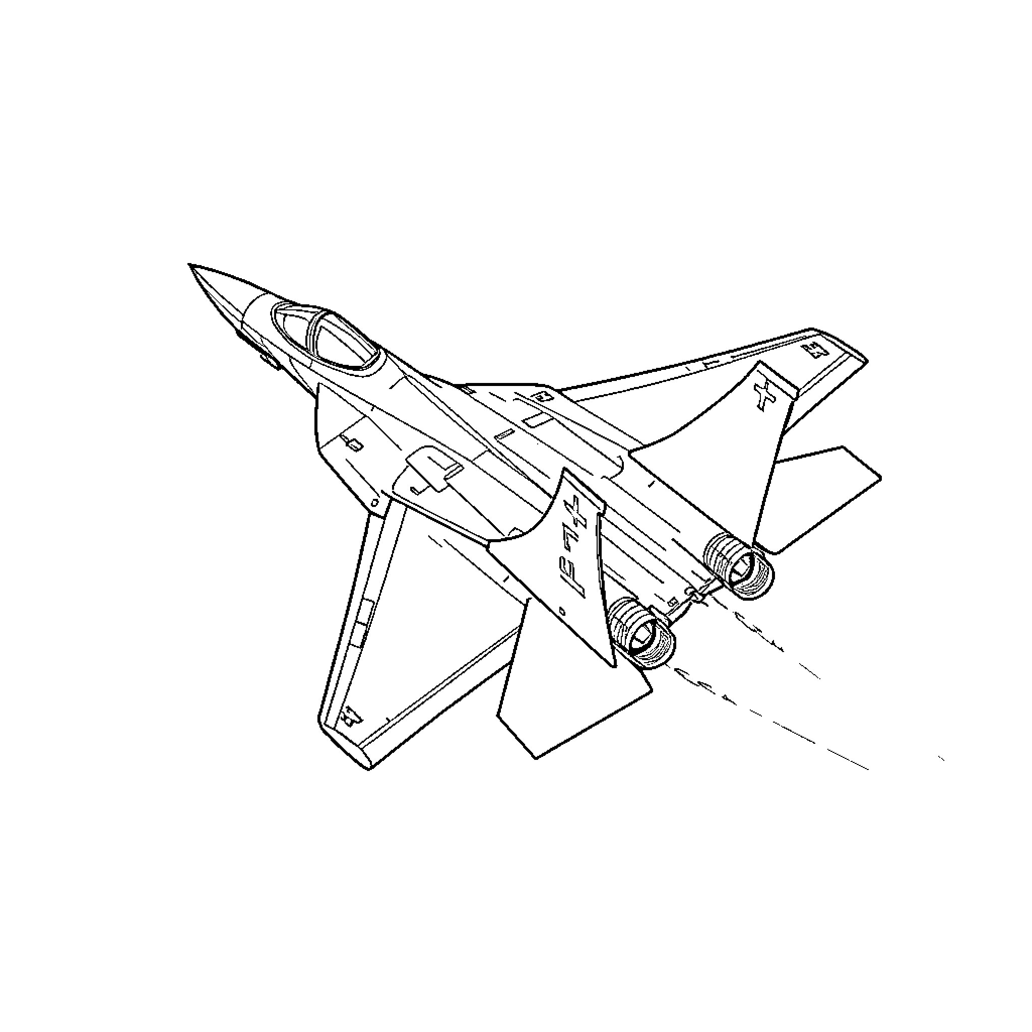 F22 Fighter Jet performing aerobatic maneuver Coloring Page (free black-and-white line drawing printable PDF for all, from beginners to advanced learners, including children, teens, adults, and seniors)