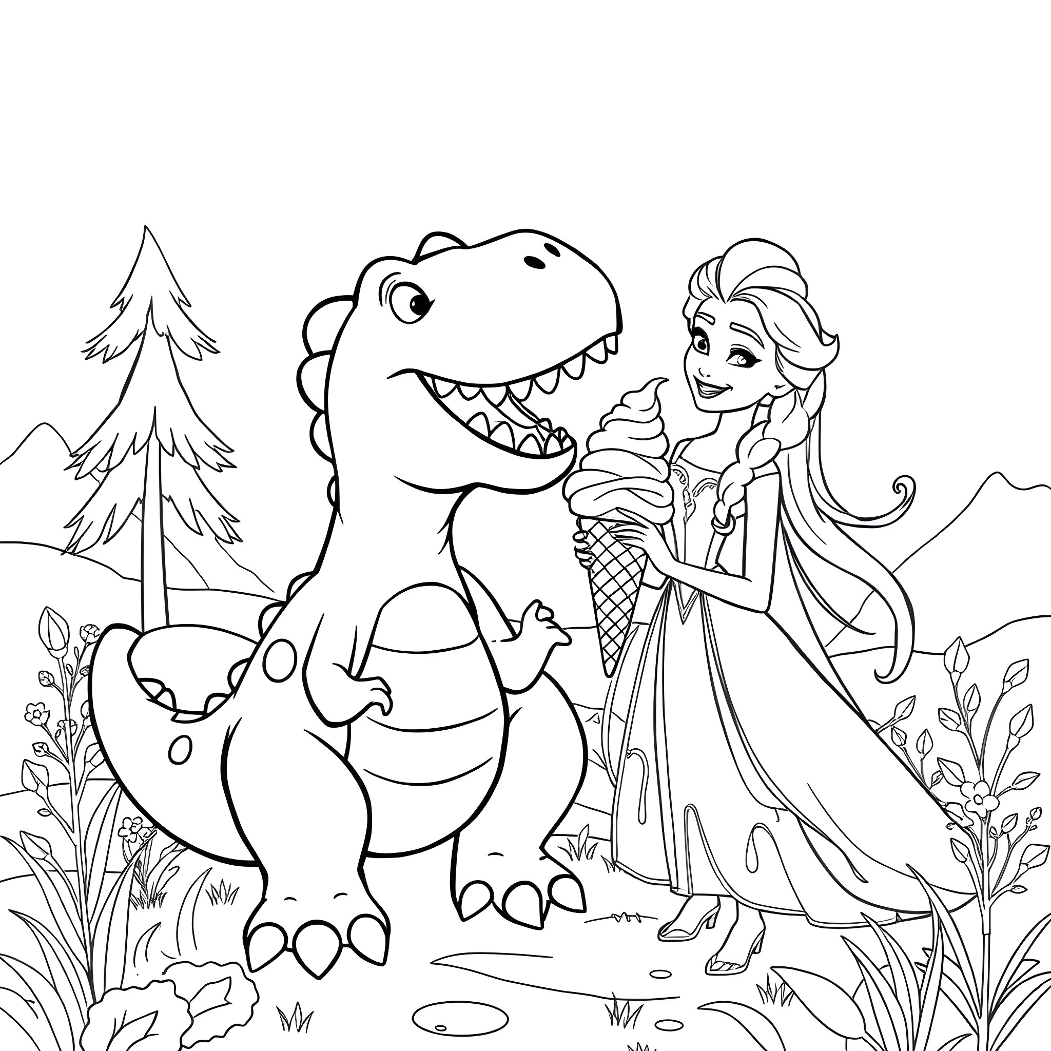 Dinosaur Playing with Cheerful Girl in Snowy Wilderness Coloring Page (free black-and-white line drawing printable PDF for all, from beginners to advanced learners, including children, teens, adults, and seniors)