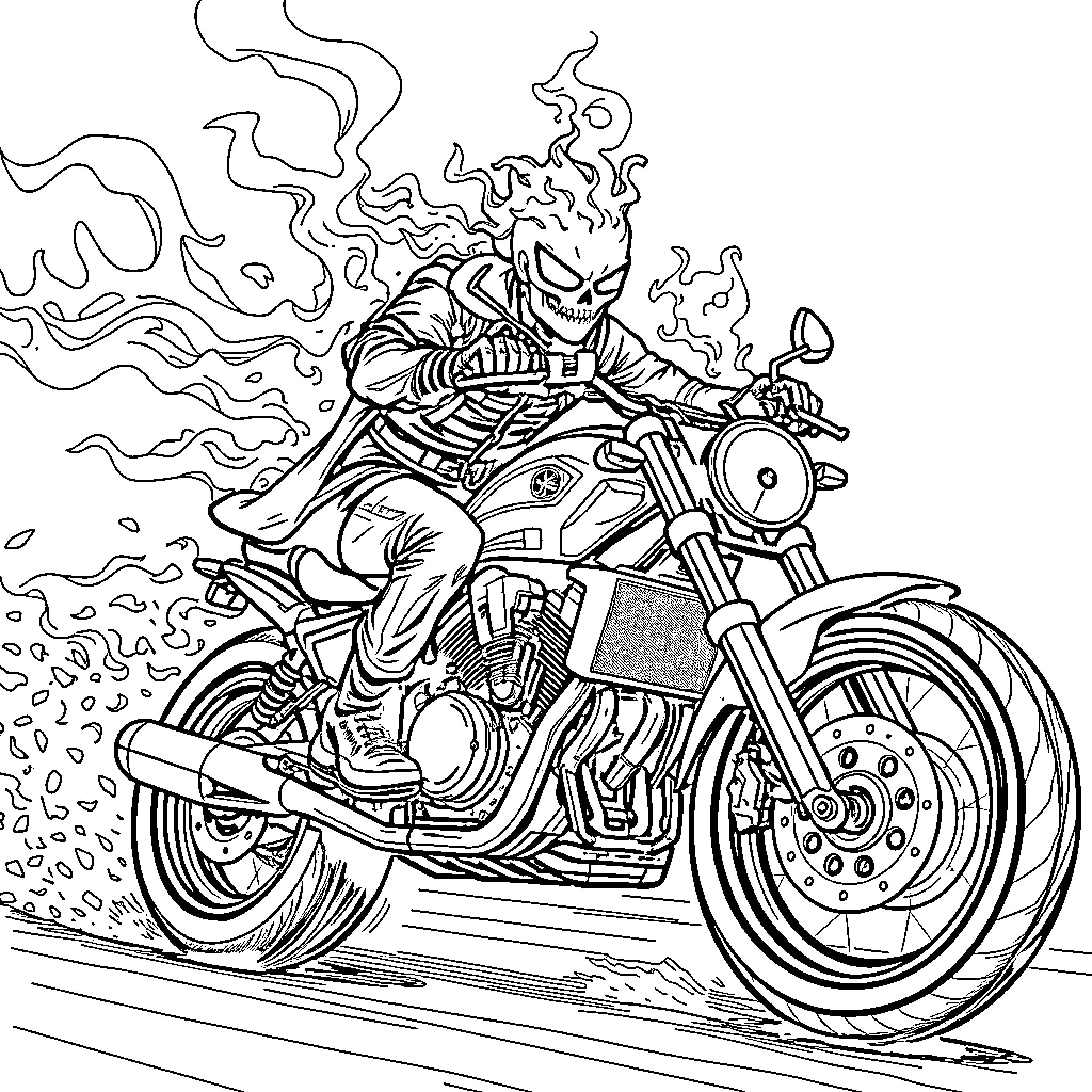 Ghost Rider riding a flaming motorcycle through the night Coloring Page (free black-and-white line drawing printable PDF for all, from beginners to advanced learners, including children, teens, adults, and seniors)