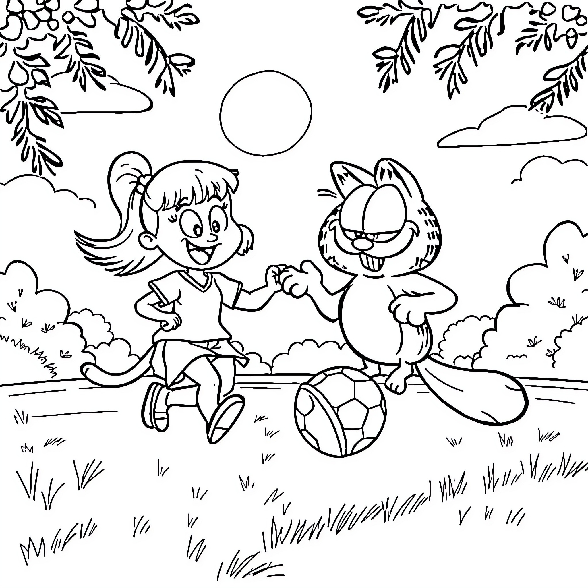 Pepa's Playful Outdoor Adventure with Garfield Coloring Page (free black-and-white line drawing printable PDF for all, from beginners to advanced learners, including children, teens, adults, and seniors)