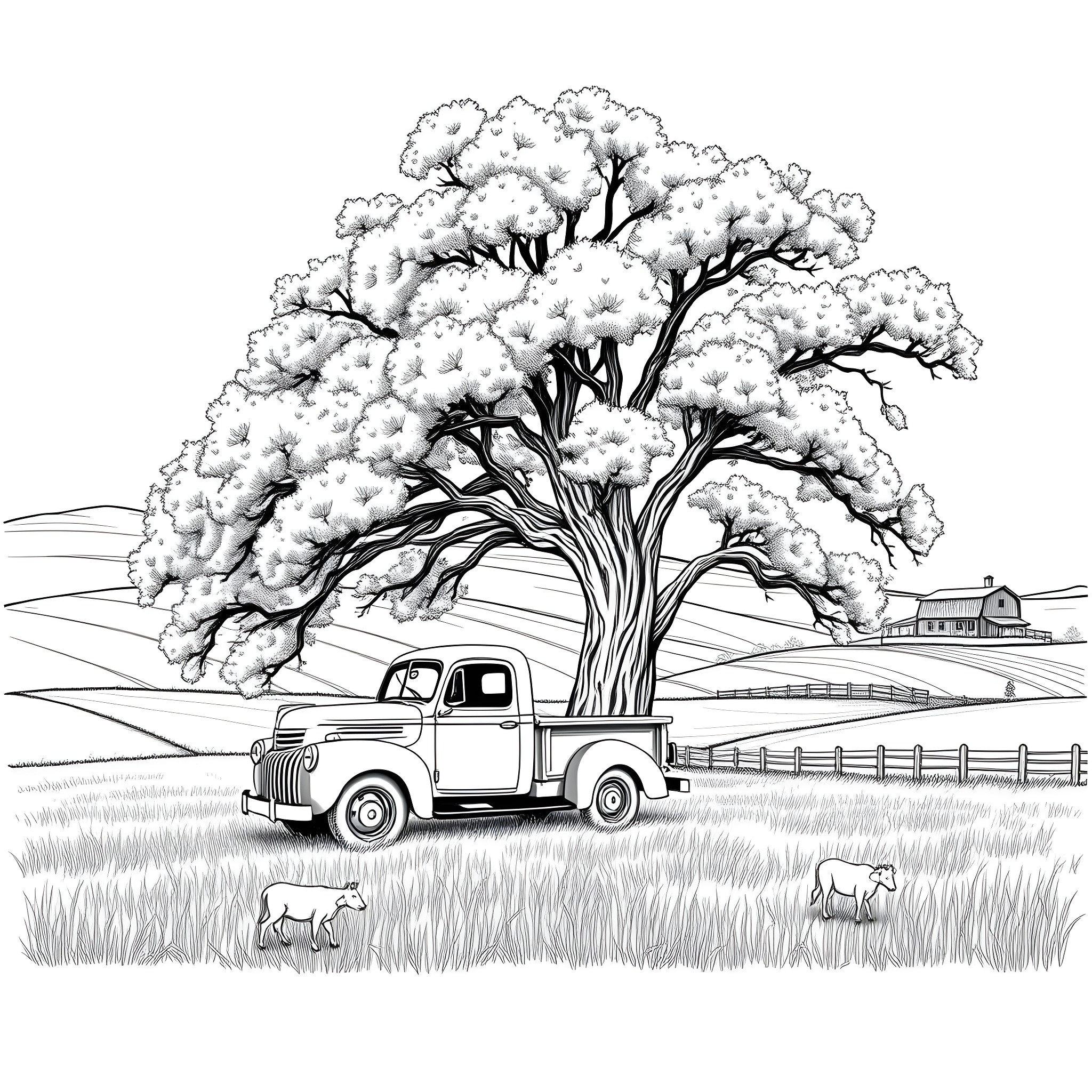Truck parked under blooming tree in countryside Coloring Page (free black-and-white line drawing printable PDF for all, from beginners to advanced learners, including children, teens, adults, and seniors)