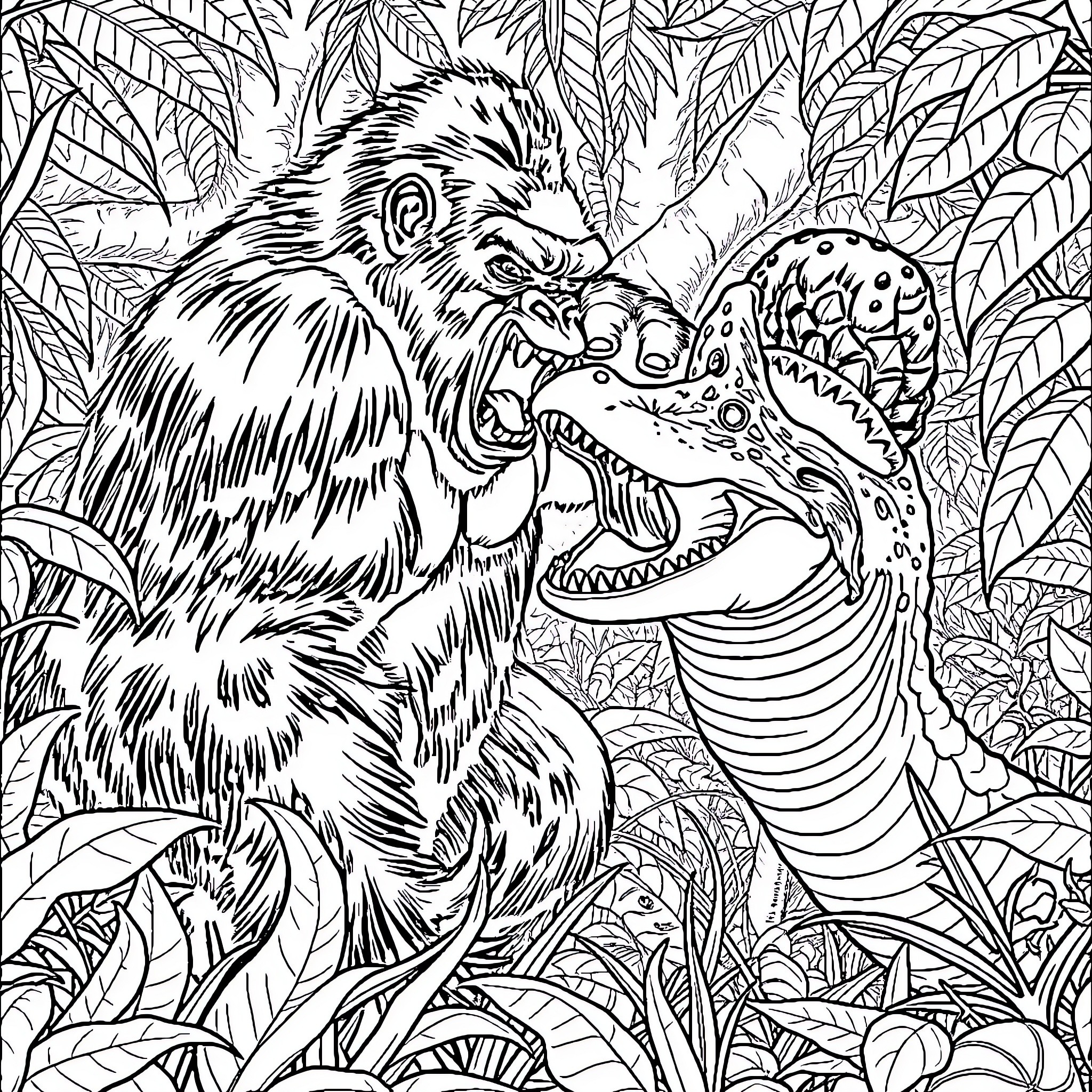 Gorilla Battling a Fierce Dinosaur in the Jungle Coloring Page (free black-and-white line drawing printable PDF for all, from beginners to advanced learners, including children, teens, adults, and seniors)