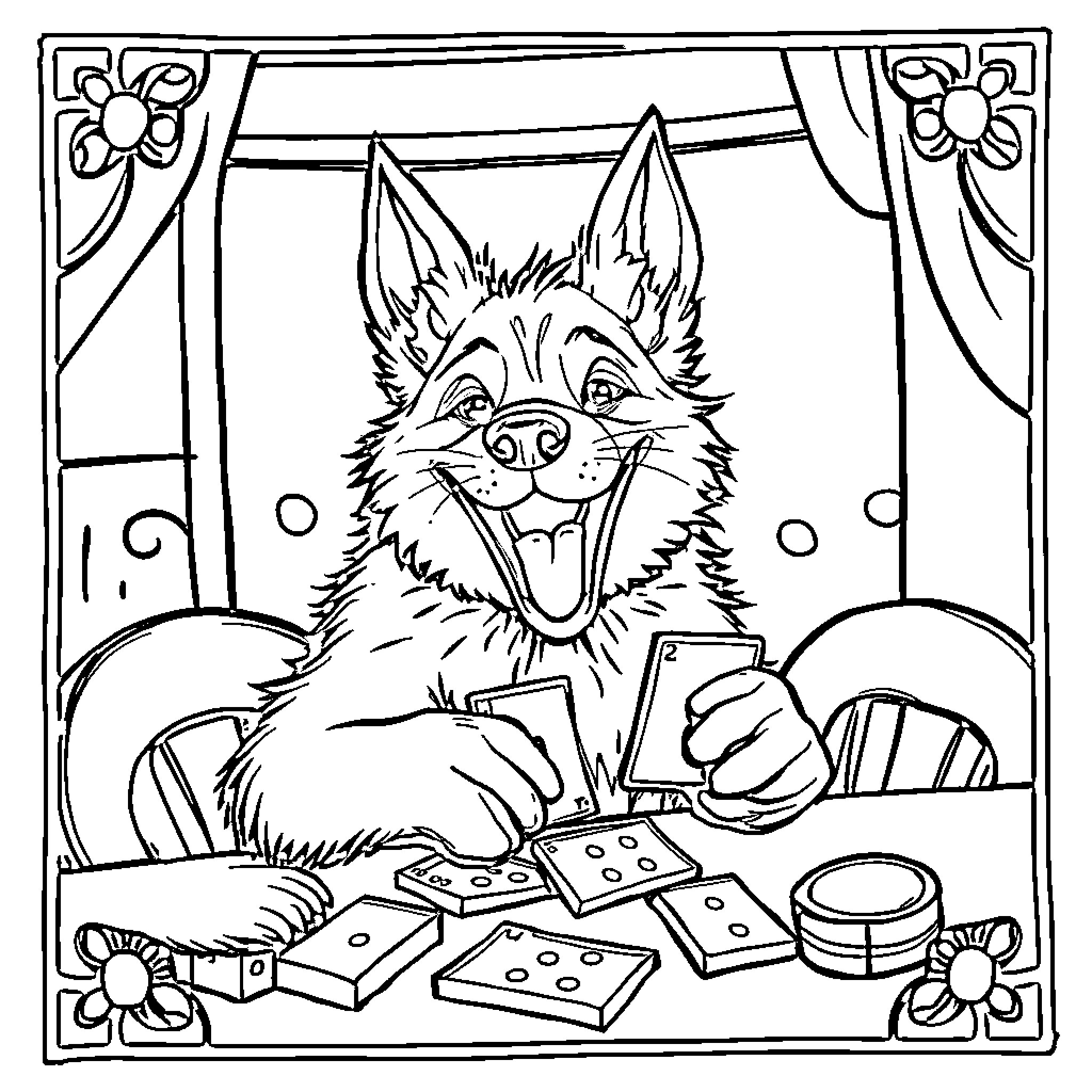 Dog playing cards in a cozy room Coloring Page (free black-and-white line drawing printable PDF for all, from beginners to advanced learners, including children, teens, adults, and seniors)