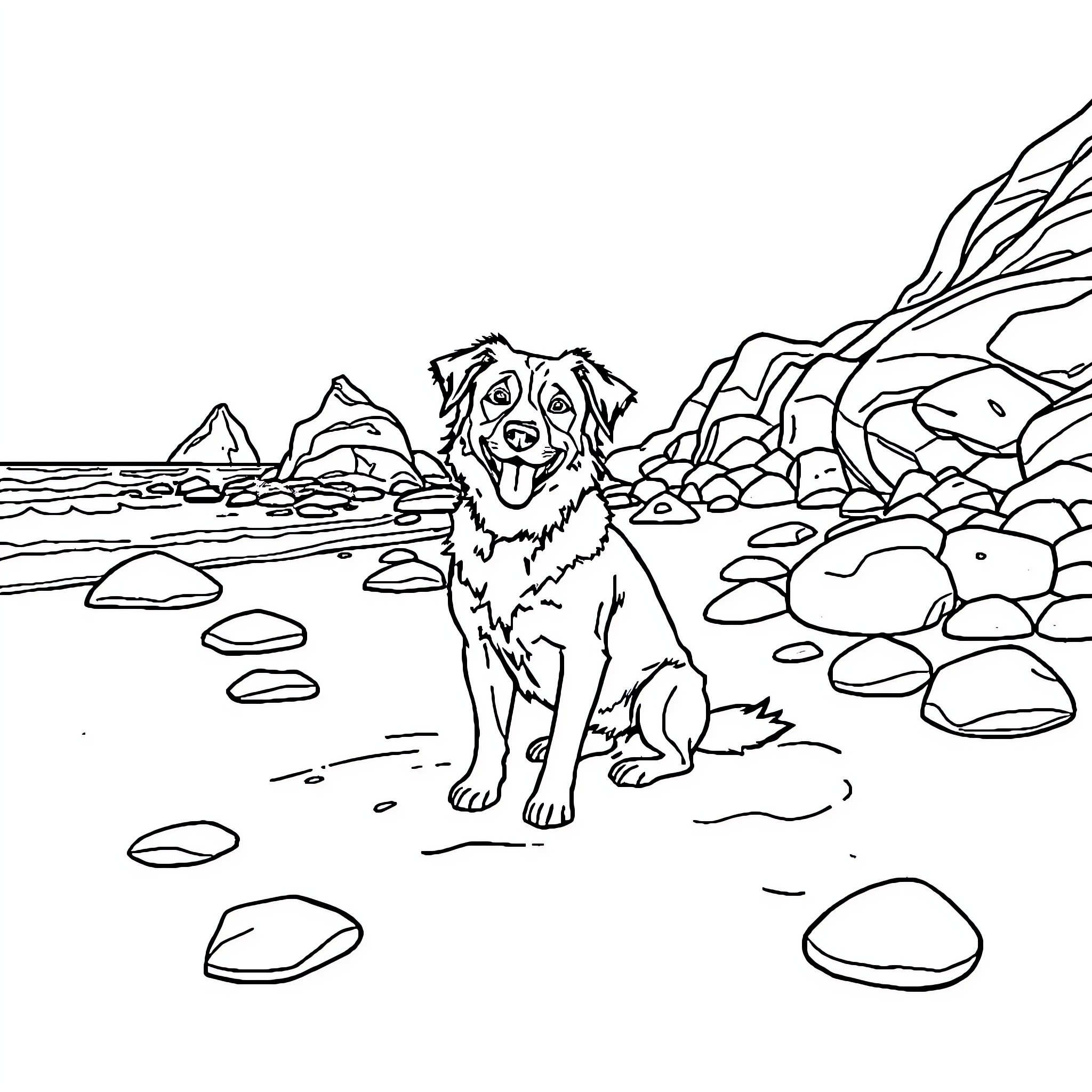 Dog enjoying the scenic beach landscape Coloring Page (free black-and-white line drawing printable PDF for all, from beginners to advanced learners, including children, teens, adults, and seniors)