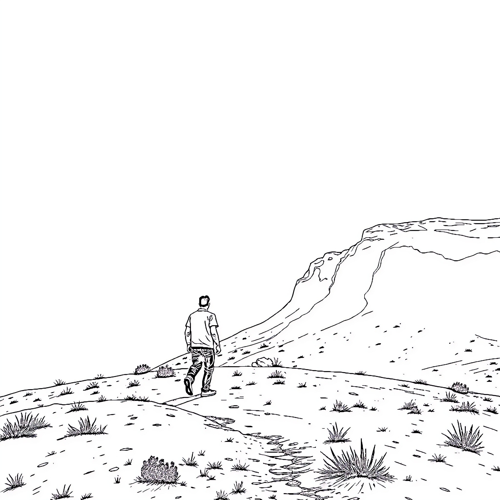 Man exploring rugged mountain landscape Coloring Page (free black-and-white line drawing printable PDF for all, from beginners to advanced learners, including children, teens, adults, and seniors)