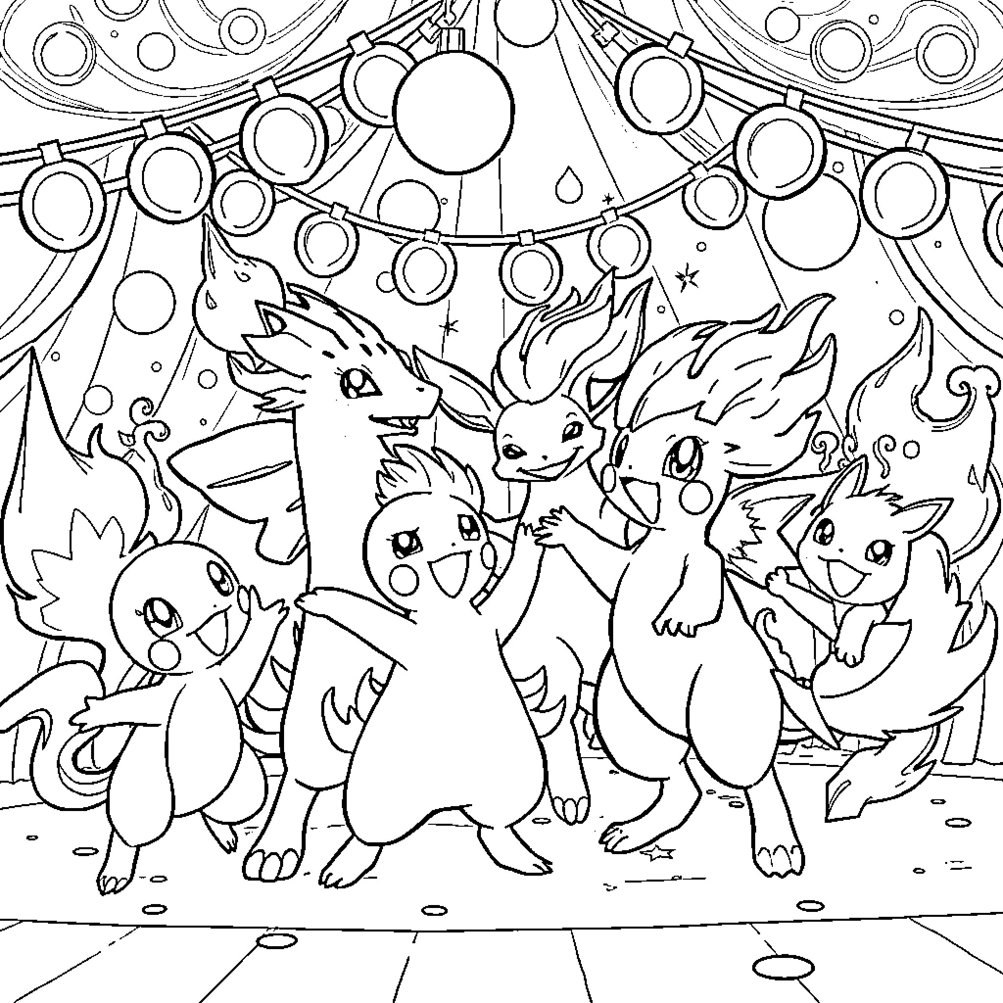 Fire Pokemon playing happily in a magical scene Coloring Page (free black-and-white line drawing printable PDF for all, from beginners to advanced learners, including children, teens, adults, and seniors)