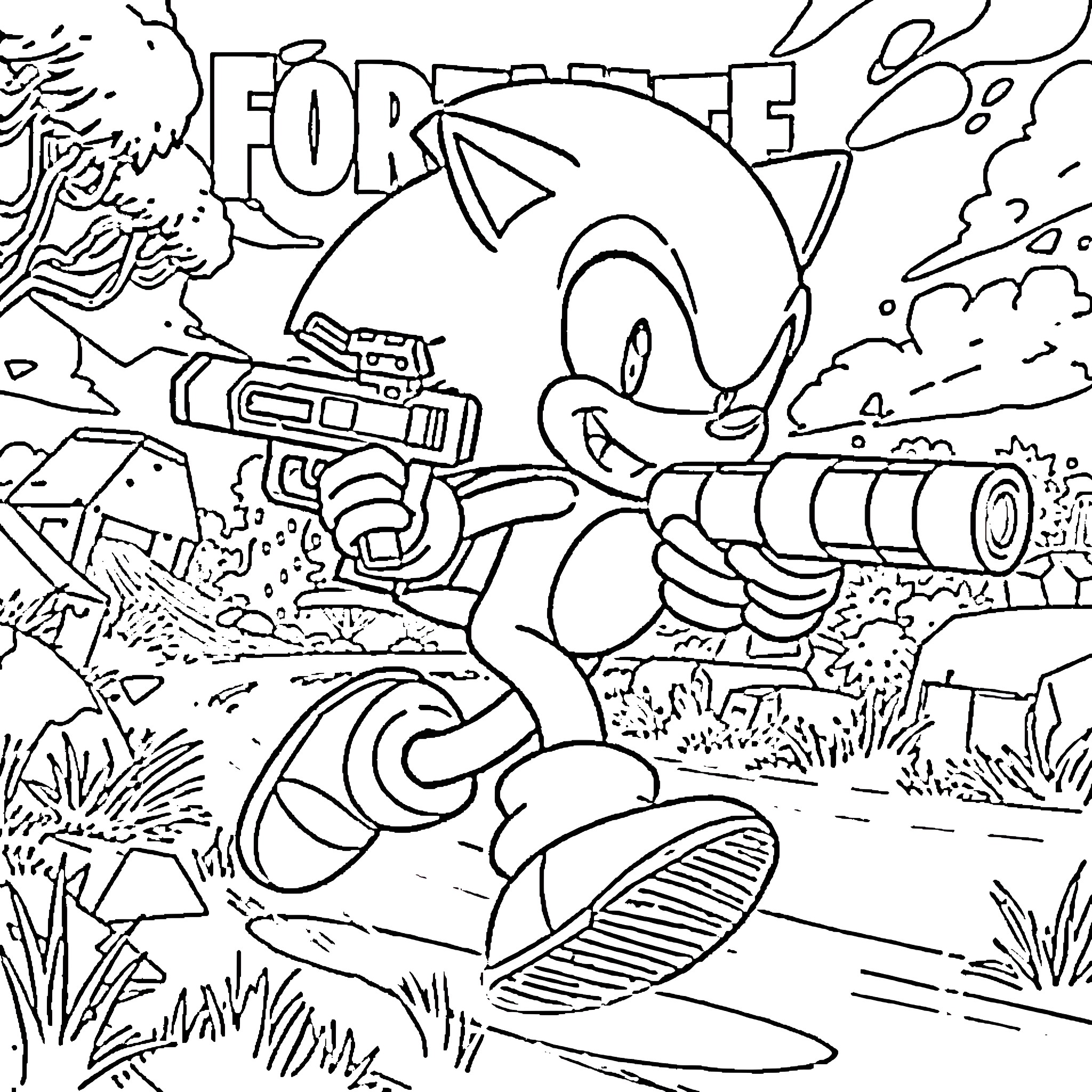Sonic the Hedgehog battling enemies in an action-packed scene Coloring Page (free black-and-white line drawing printable PDF for all, from beginners to advanced learners, including children, teens, adults, and seniors)