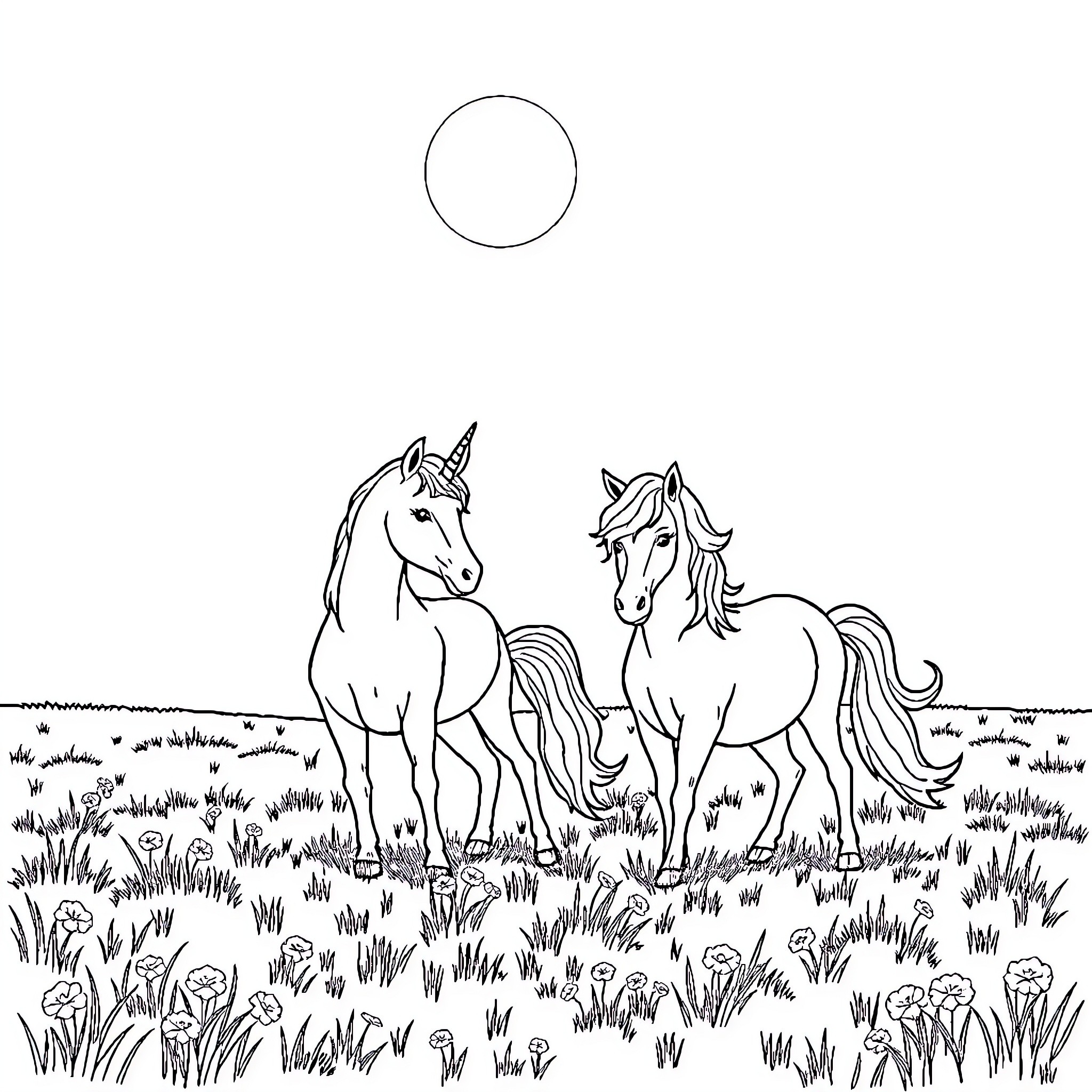 Unicorn friends enjoying a peaceful meadow Coloring Page (free black-and-white line drawing printable PDF for all, from beginners to advanced learners, including children, teens, adults, and seniors)