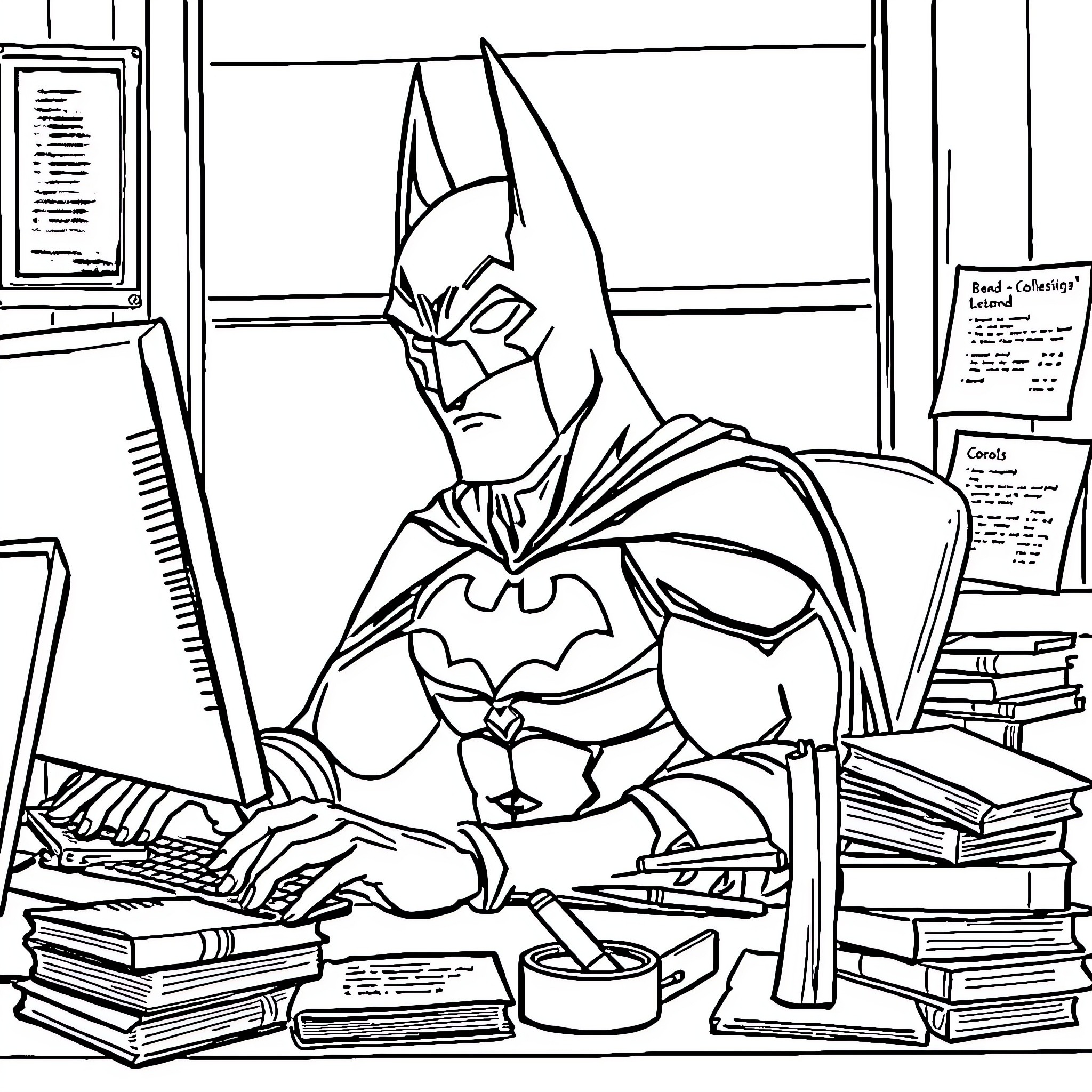 Batman working diligently at his desk Coloring Page (free black-and-white line drawing printable PDF for all, from beginners to advanced learners, including children, teens, adults, and seniors)