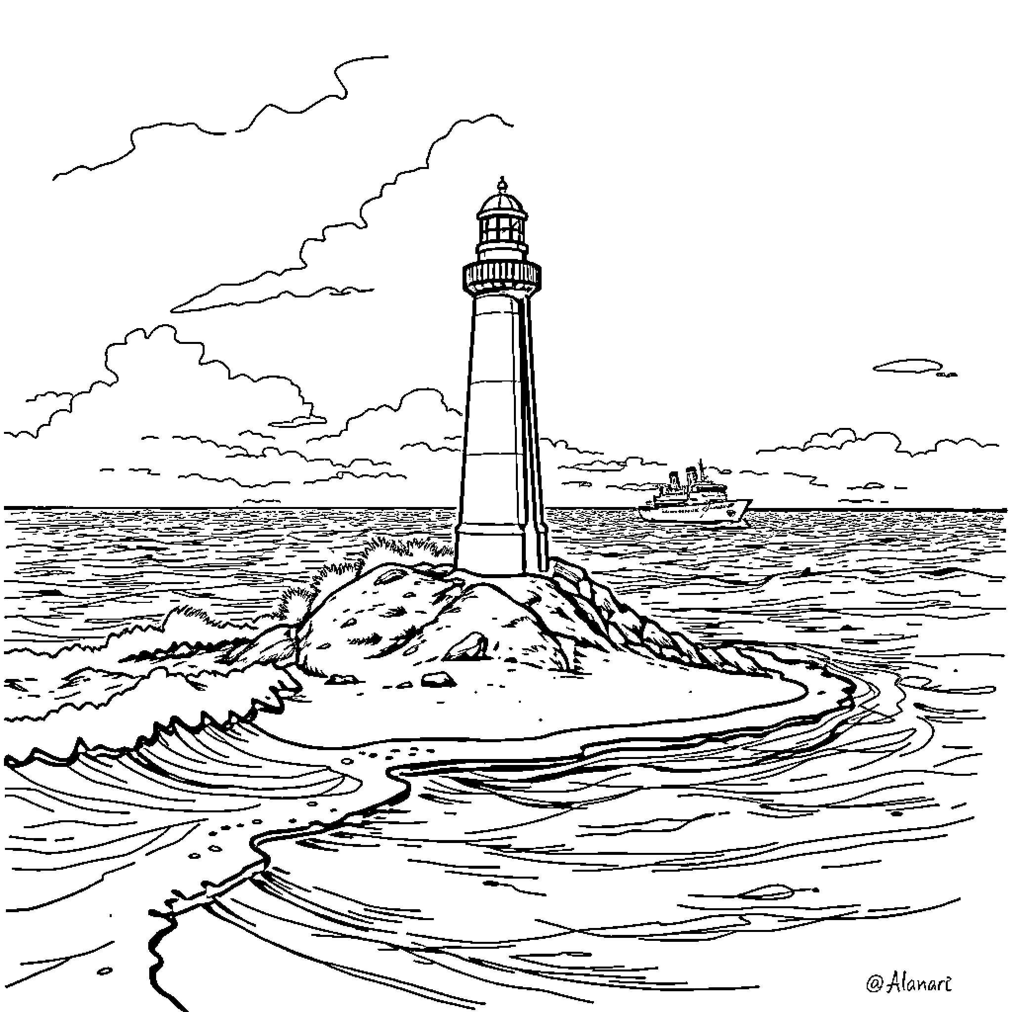 Lighthouse standing tall in the waves Coloring Page (free black-and-white line drawing printable PDF for all, from beginners to advanced learners, including children, teens, adults, and seniors)