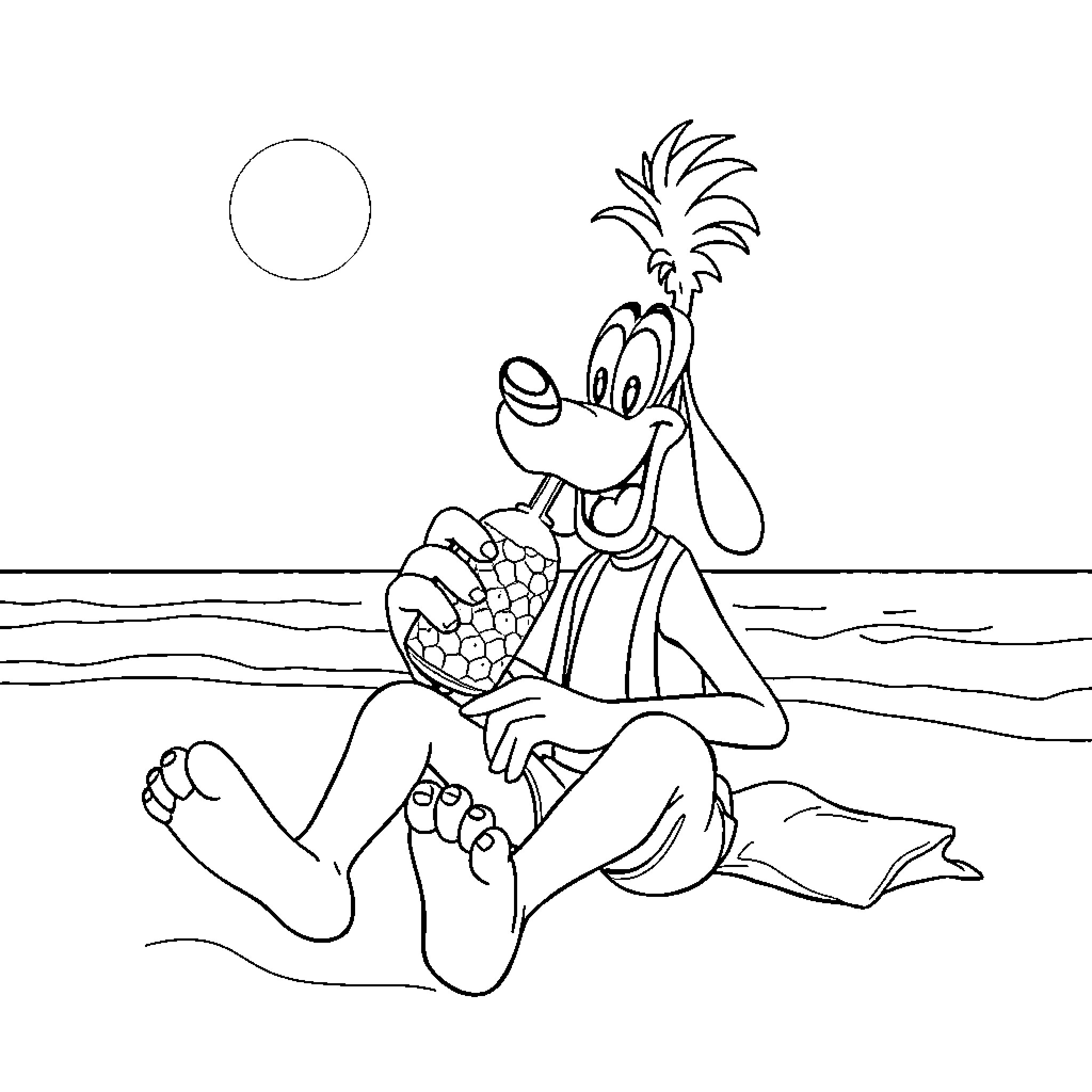 Goofy character relaxing on the beach Coloring Page (free black-and-white line drawing printable PDF for all, from beginners to advanced learners, including children, teens, adults, and seniors)