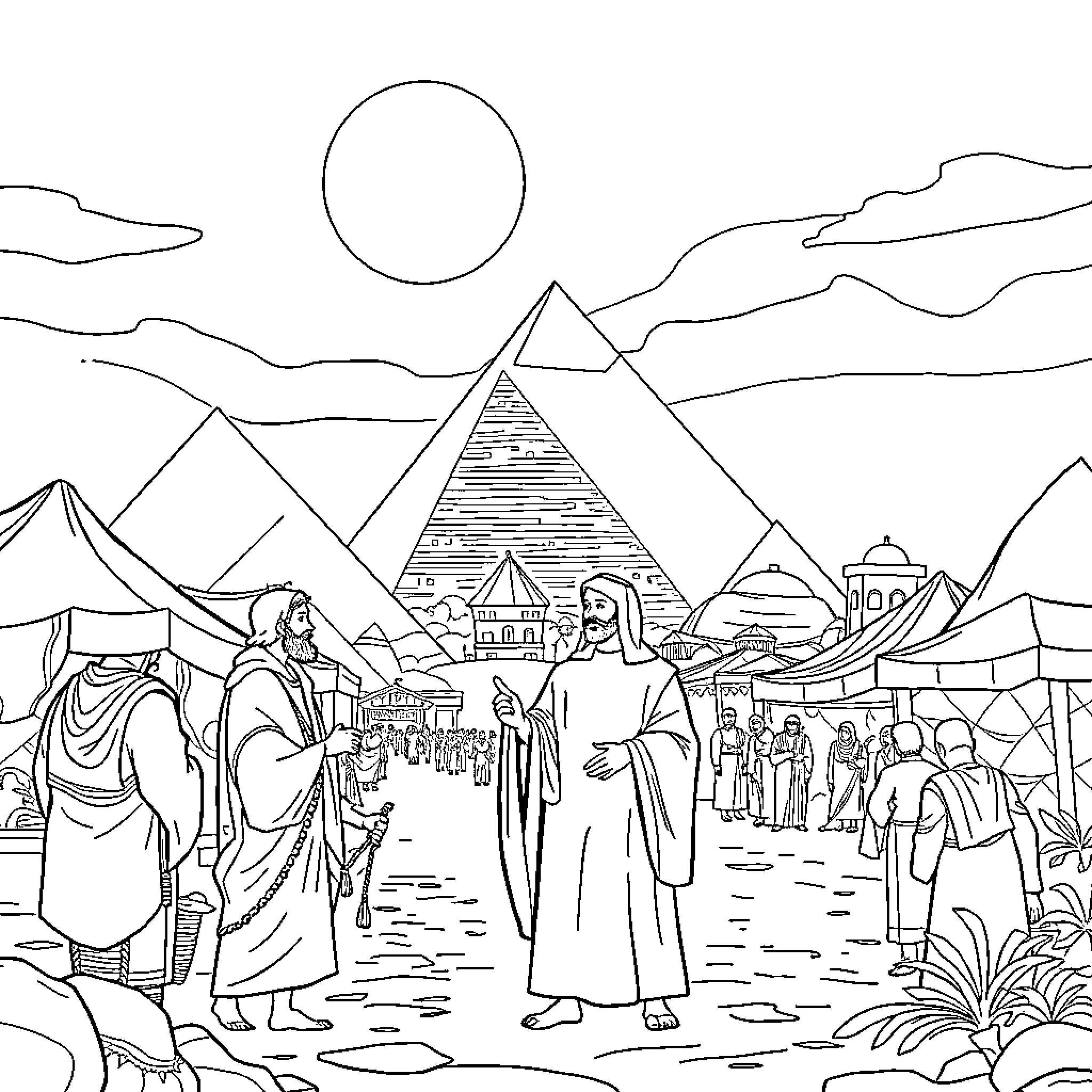 Joseph's Journey Through the Ancient Egyptian Marketplace Coloring Page (free black-and-white line drawing printable PDF for all, from beginners to advanced learners, including children, teens, adults, and seniors)