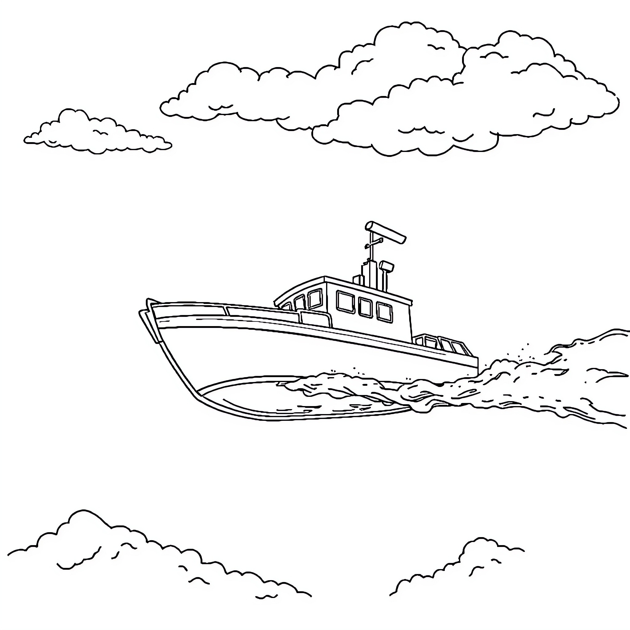 Flying Boat navigating through cloudy skies Coloring Page (free black-and-white line drawing printable PDF for all, from beginners to advanced learners, including children, teens, adults, and seniors)