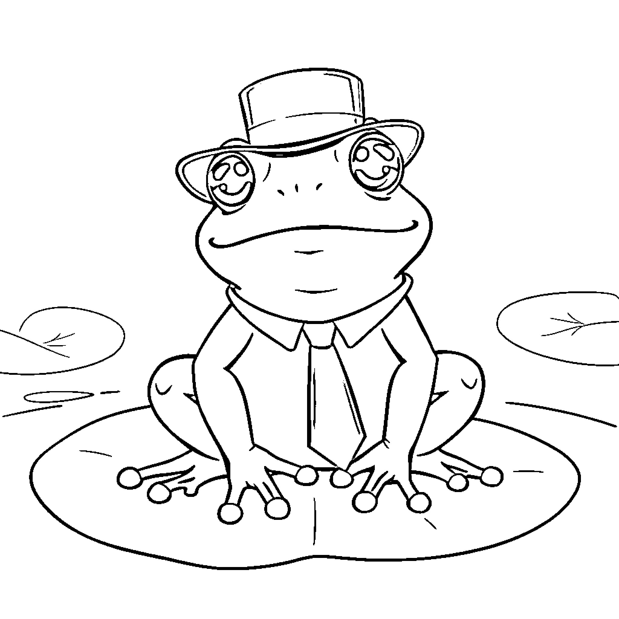 Frog dressed up and sitting on a lily pad Coloring Page (free black-and-white line drawing printable PDF for all, from beginners to advanced learners, including children, teens, adults, and seniors)