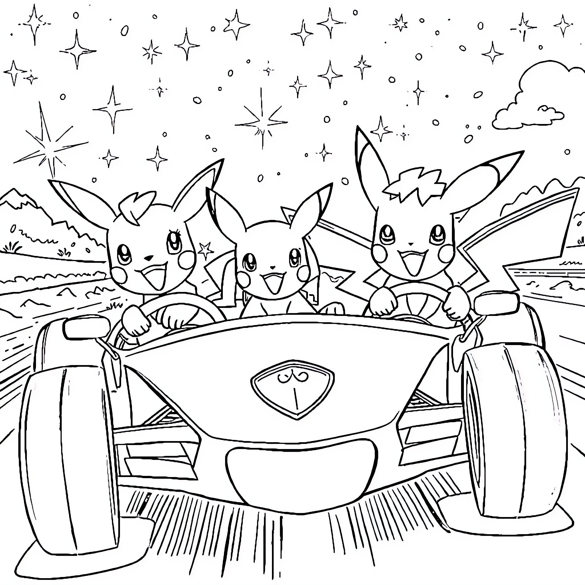 Pokémon characters riding in a fantasy vehicle Coloring Page (free black-and-white line drawing printable PDF for all, from beginners to advanced learners, including children, teens, adults, and seniors)