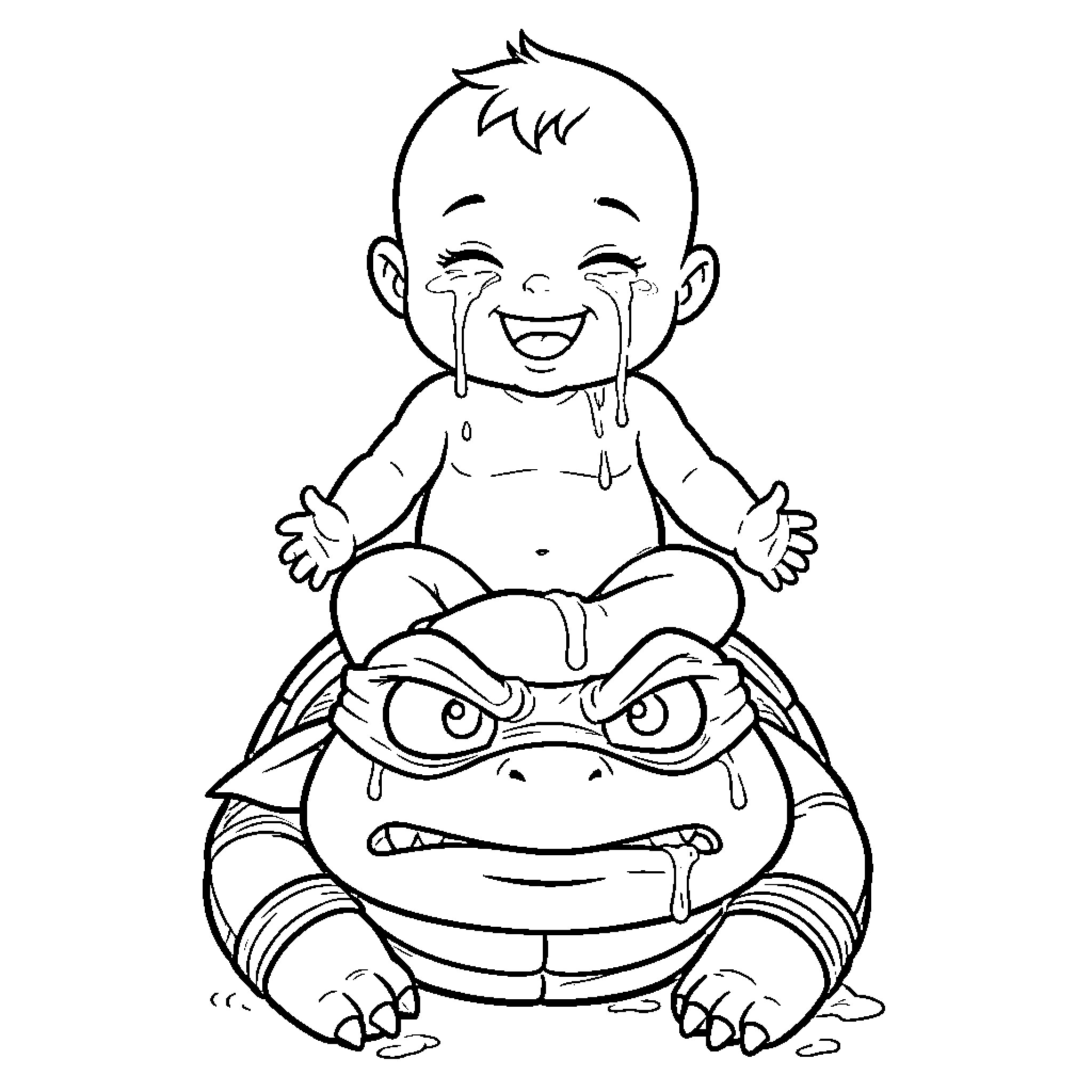 Baby riding on a grumpy monster Coloring Page (free black-and-white line drawing printable PDF for all, from beginners to advanced learners, including children, teens, adults, and seniors)