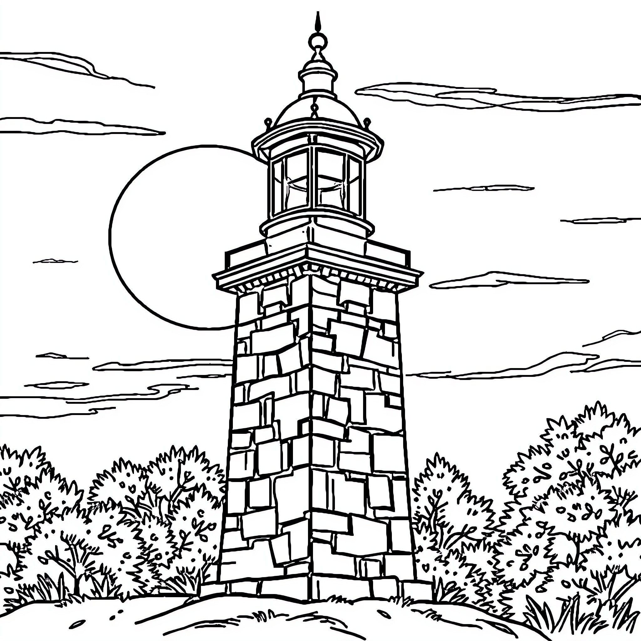 Lighthouse at sunset with scenic landscape Coloring Page (free black-and-white line drawing printable PDF for all, from beginners to advanced learners, including children, teens, adults, and seniors)