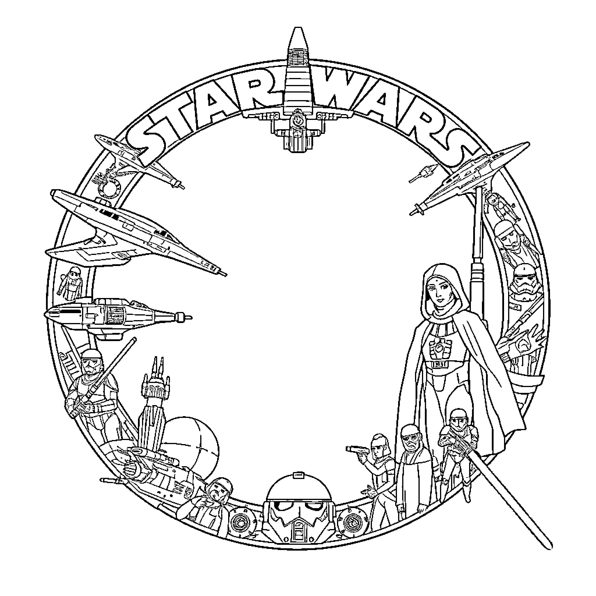 Star Wars spacecraft and characters in a circular frame Coloring Page (free black-and-white line drawing printable PDF for all, from beginners to advanced learners, including children, teens, adults, and seniors)
